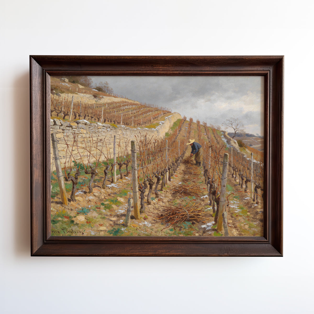 Oil painting of a vineyard worker tending dormant vines on a terraced winter hillside