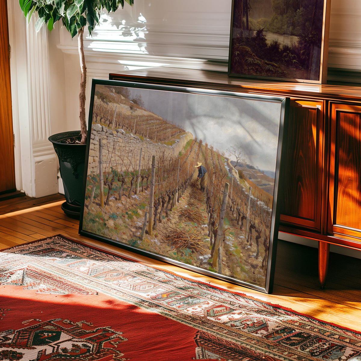 Oil painting of a vineyard worker tending dormant vines on a terraced winter hillside — view 2
