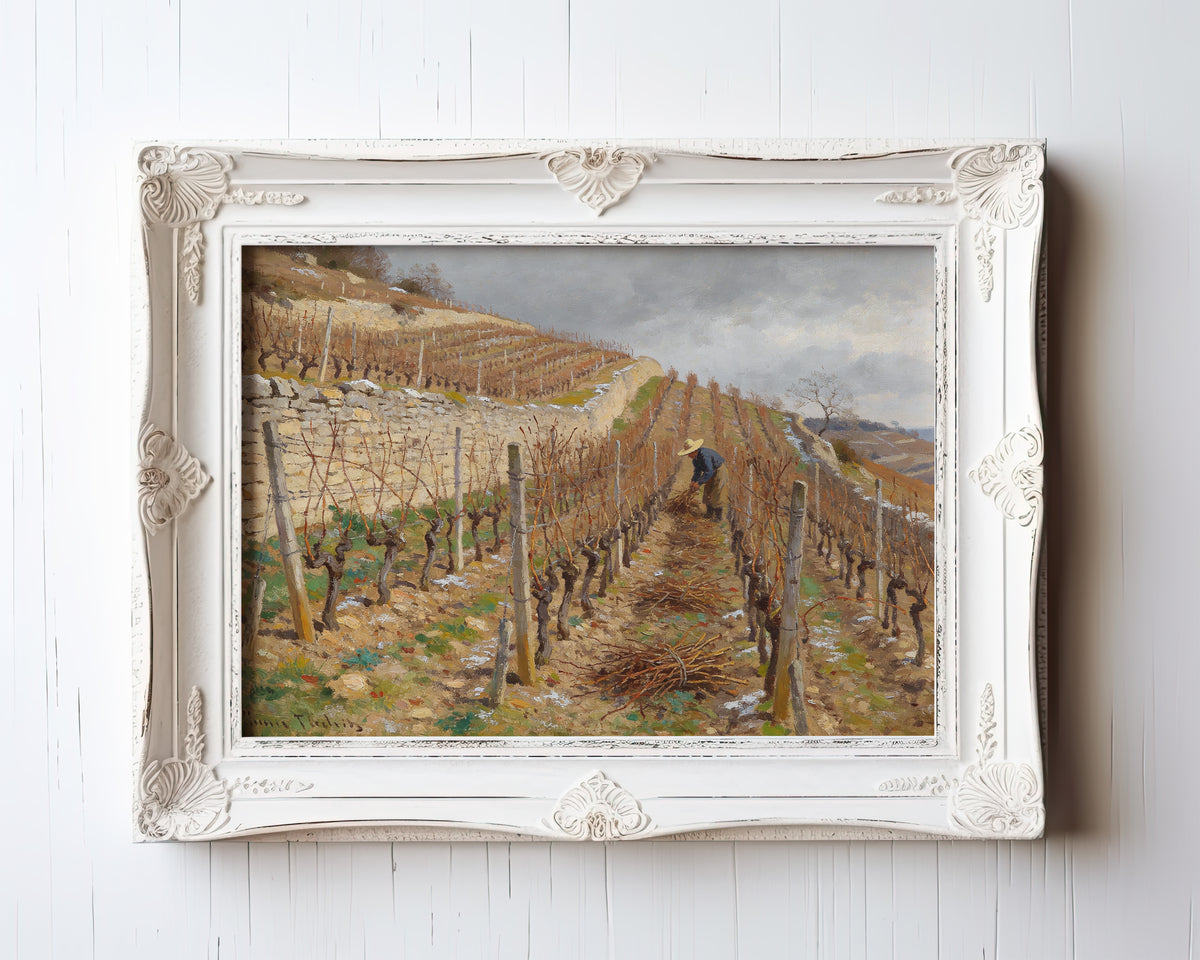 Oil painting of a vineyard worker tending dormant vines on a terraced winter hillside — view 3