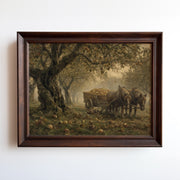 Etching-style print of a horse-drawn apple cart beneath an ancient tree in a misty orchard