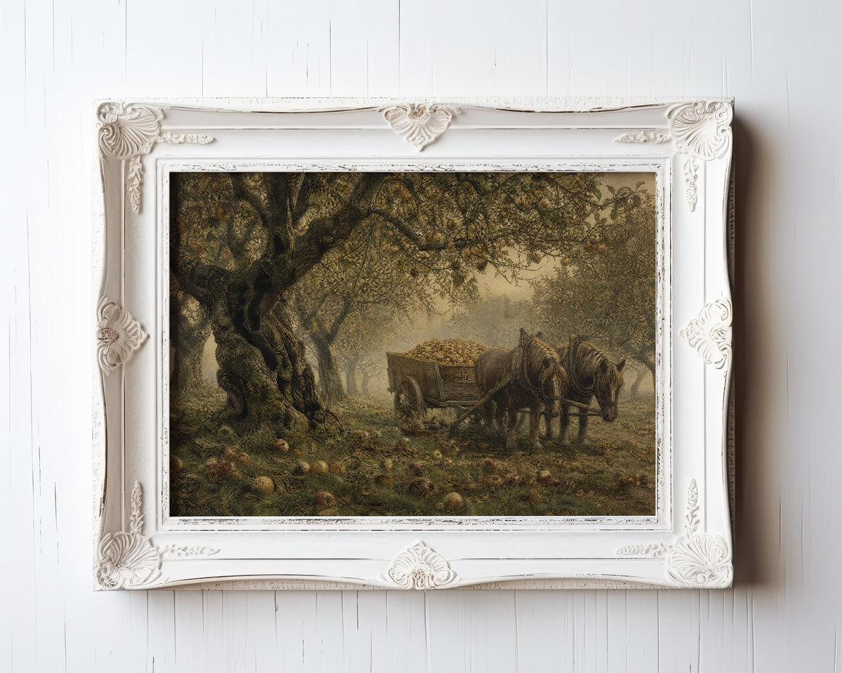 Etching-style print of a horse-drawn apple cart beneath an ancient tree in a misty orchard — view 3
