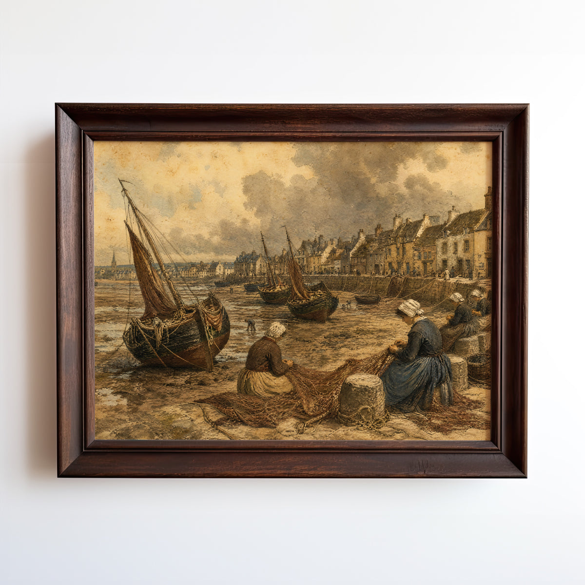Etching of a fishing village harbor with beached boats and villagers mending nets at golden hour