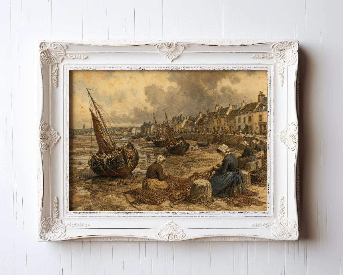 Etching of a fishing village harbor with beached boats and villagers mending nets at golden hour — view 3