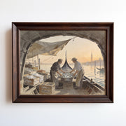 Watercolor painting of Venetian fishermen sorting fresh catch at golden sunrise