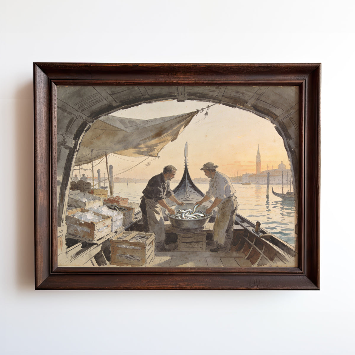 Watercolor painting of Venetian fishermen sorting fresh catch at golden sunrise
