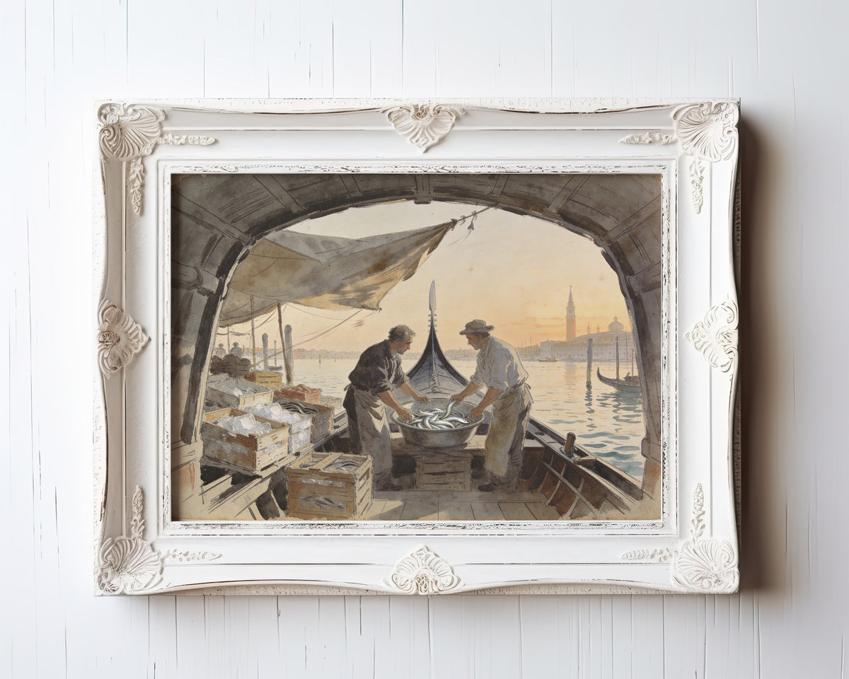 Watercolor painting of Venetian fishermen sorting fresh catch at golden sunrise — view 3