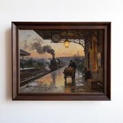 Oil painting print of a steam locomotive arriving at a rain-soaked station platform at dusk