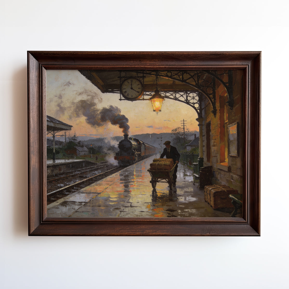 Oil painting print of a steam locomotive arriving at a rain-soaked station platform at dusk