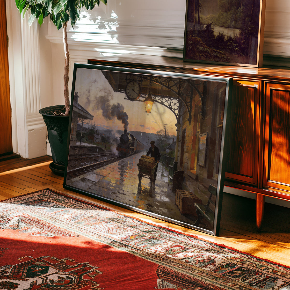 Oil painting print of a steam locomotive arriving at a rain-soaked station platform at dusk — view 2