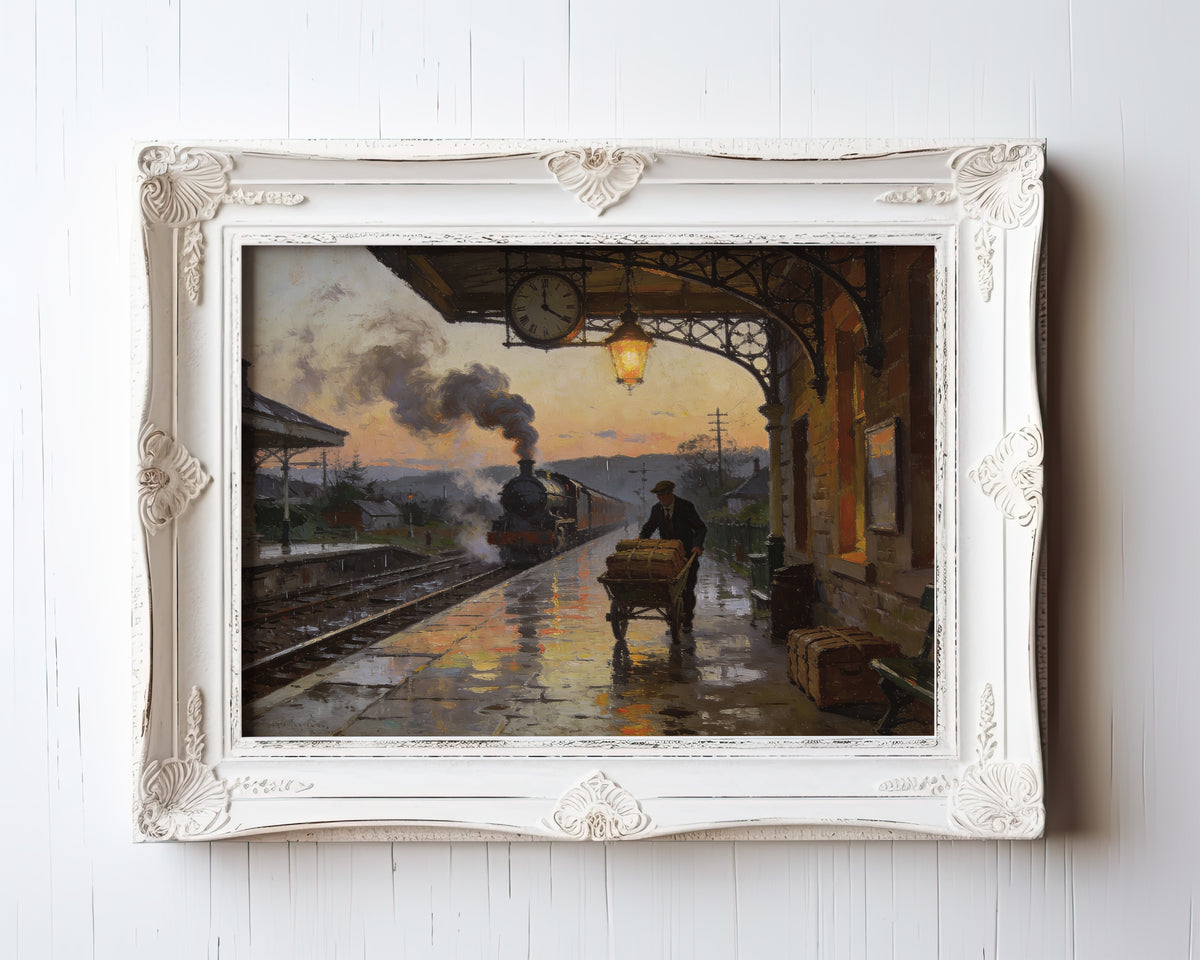 Oil painting print of a steam locomotive arriving at a rain-soaked station platform at dusk — view 3