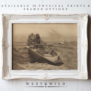 A sepia-toned Vintage Fisherman Painting – Classic Fishing Illustration & Nautical Art Print, framed in ornate white, is displayed on a white wooden wall. Archival quality prints and framed options from West & Wild Art Archive are featured above and below.