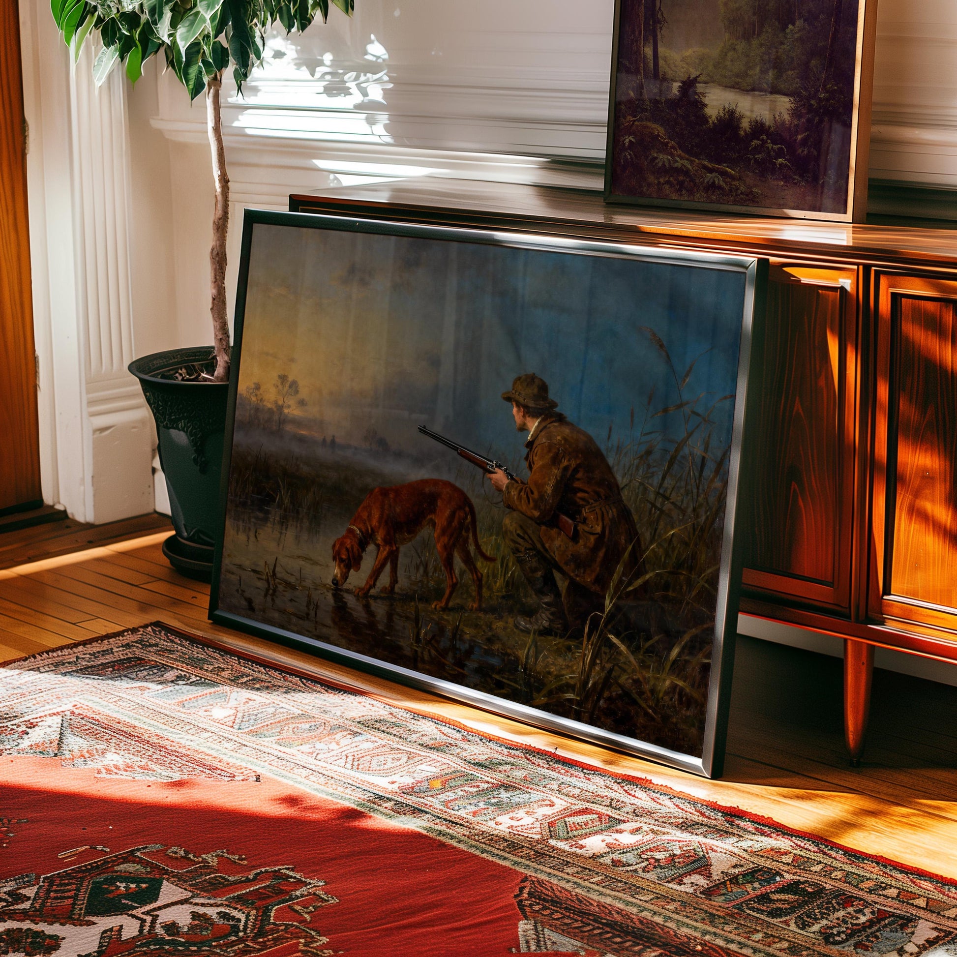 a painting of a man and a dog in a hunting scene, with the man holding a rifle and the dog sniffing the ground.