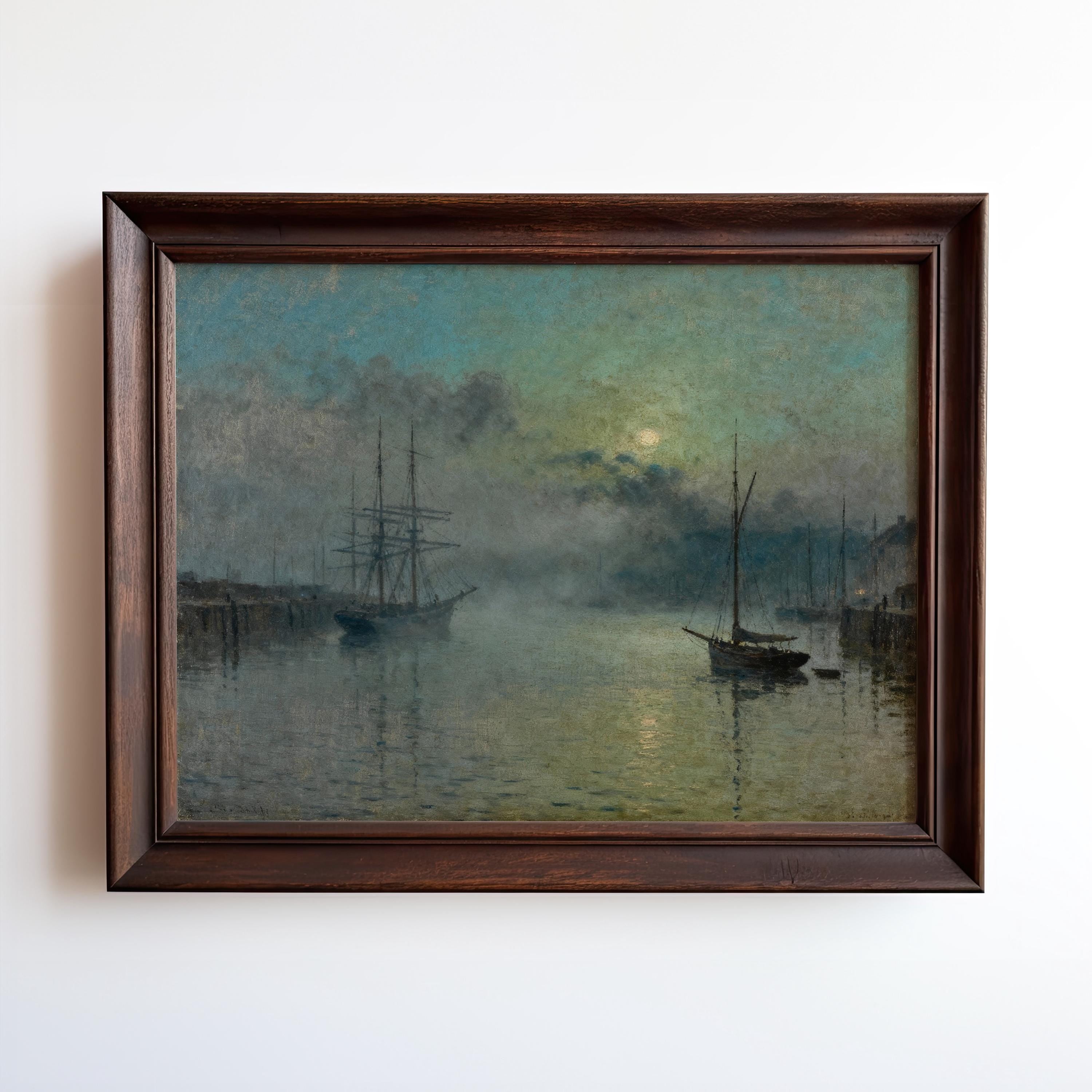 The image is a painting depicting a serene harbor scene with two boats on the water under a cloudy sky.