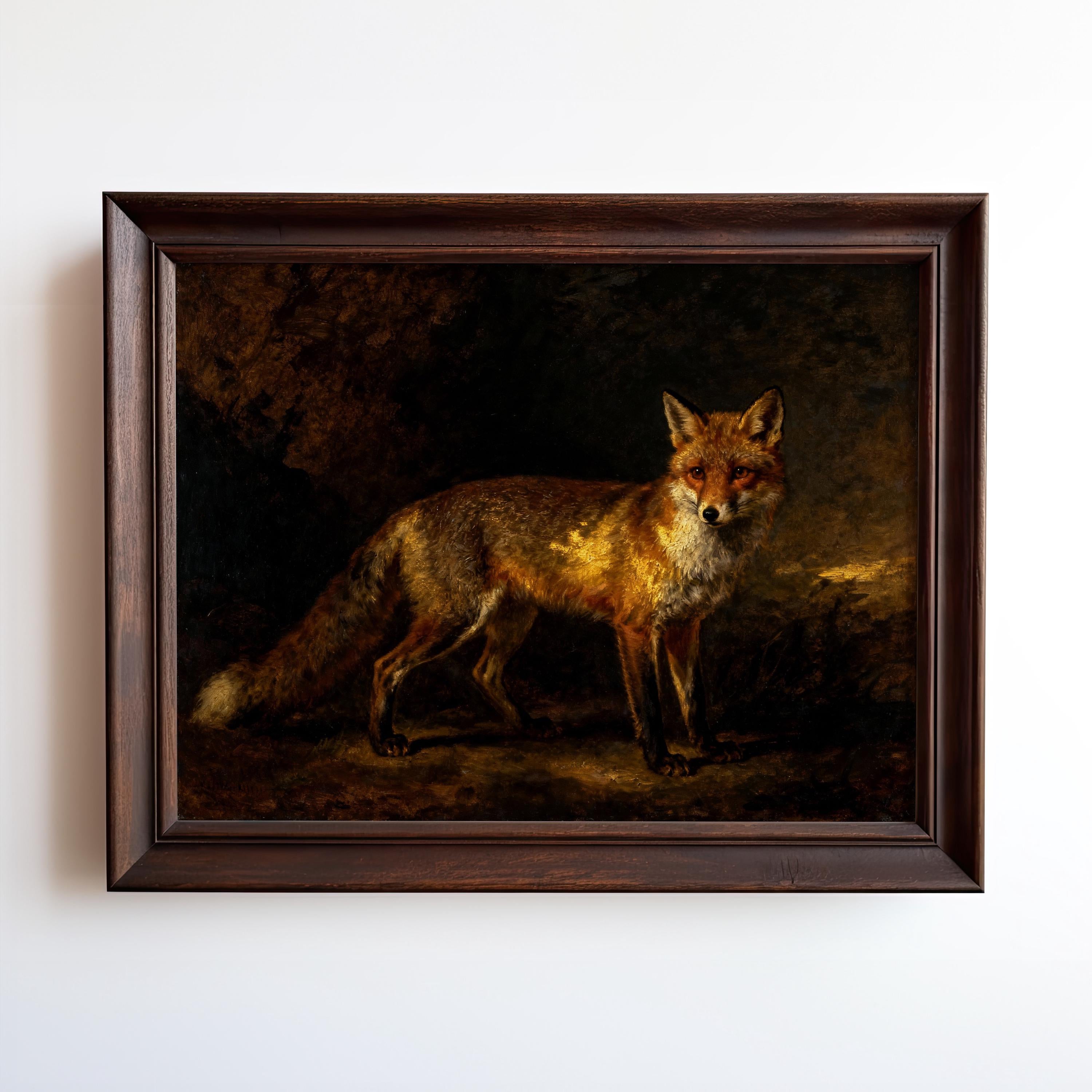 The image is a painting of a fox, which is a type of wild dog, standing in a dark, wooded area.