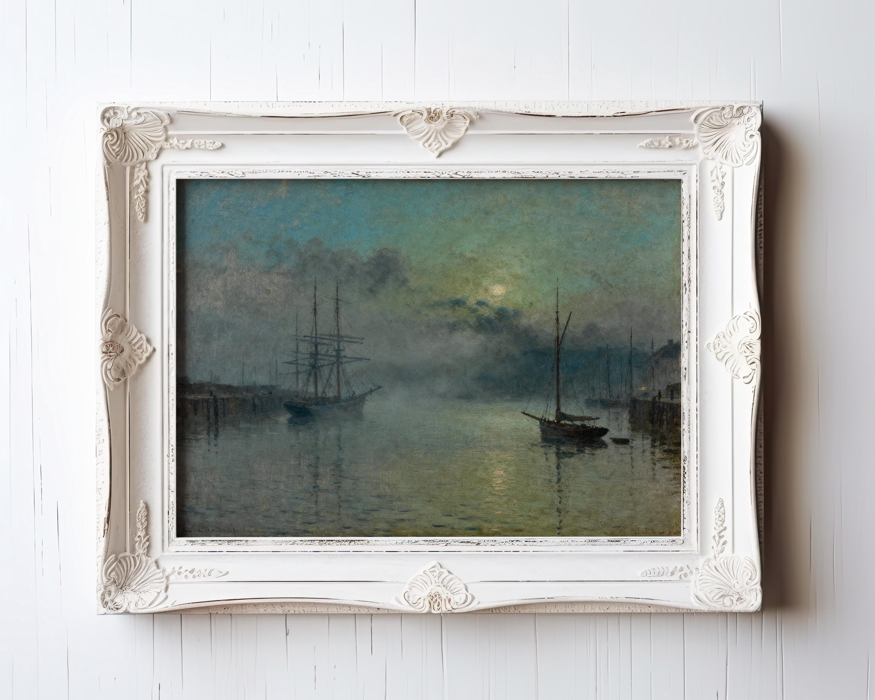 The image is a painting of a serene harbor scene with two boats on the water, framed in an ornate white frame.