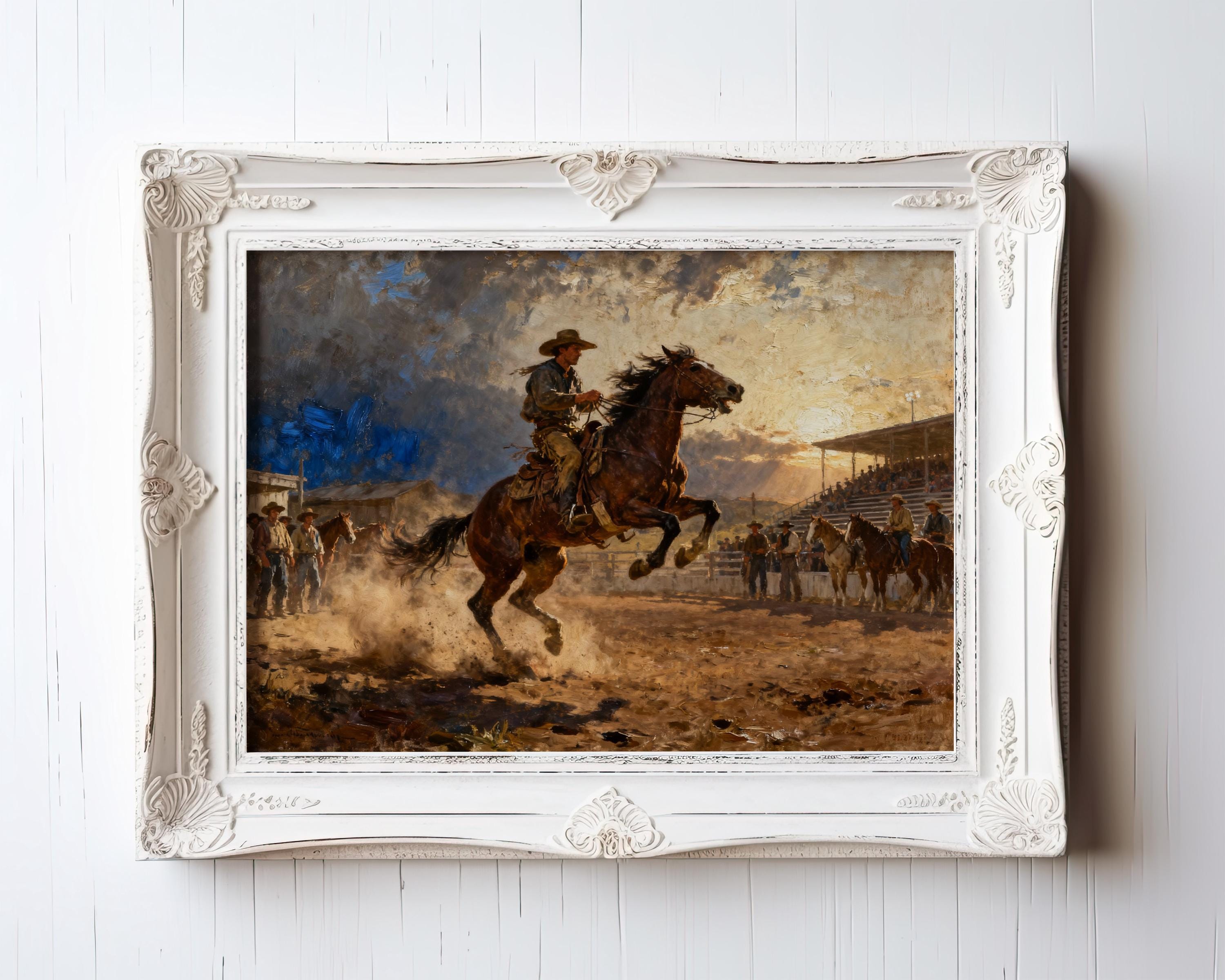 The image is a painting of a cowboy riding a horse, with other horses and people in the background, set against a dramatic sky.