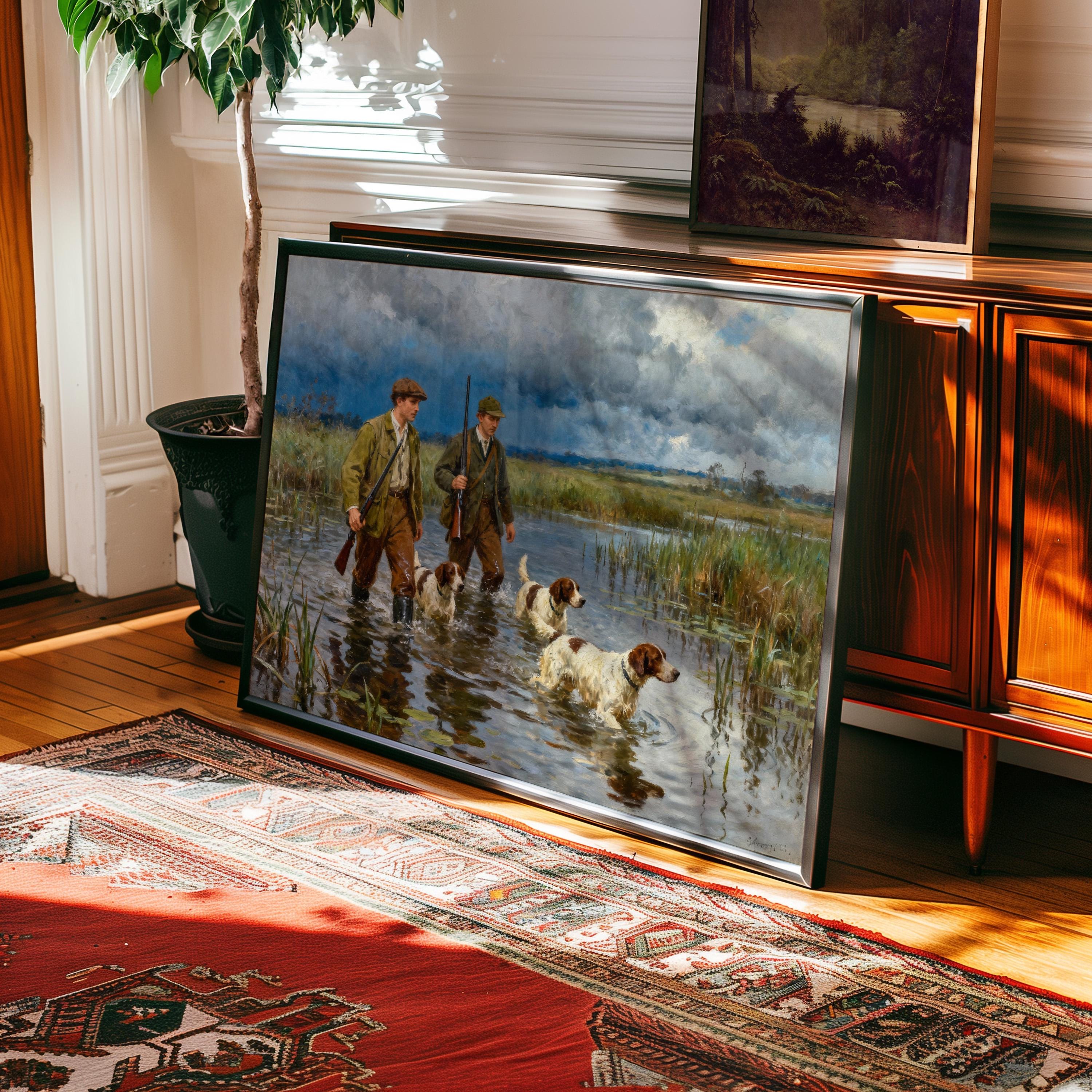 a painting of two men with dogs in a body of water, surrounded by a lush green landscape.