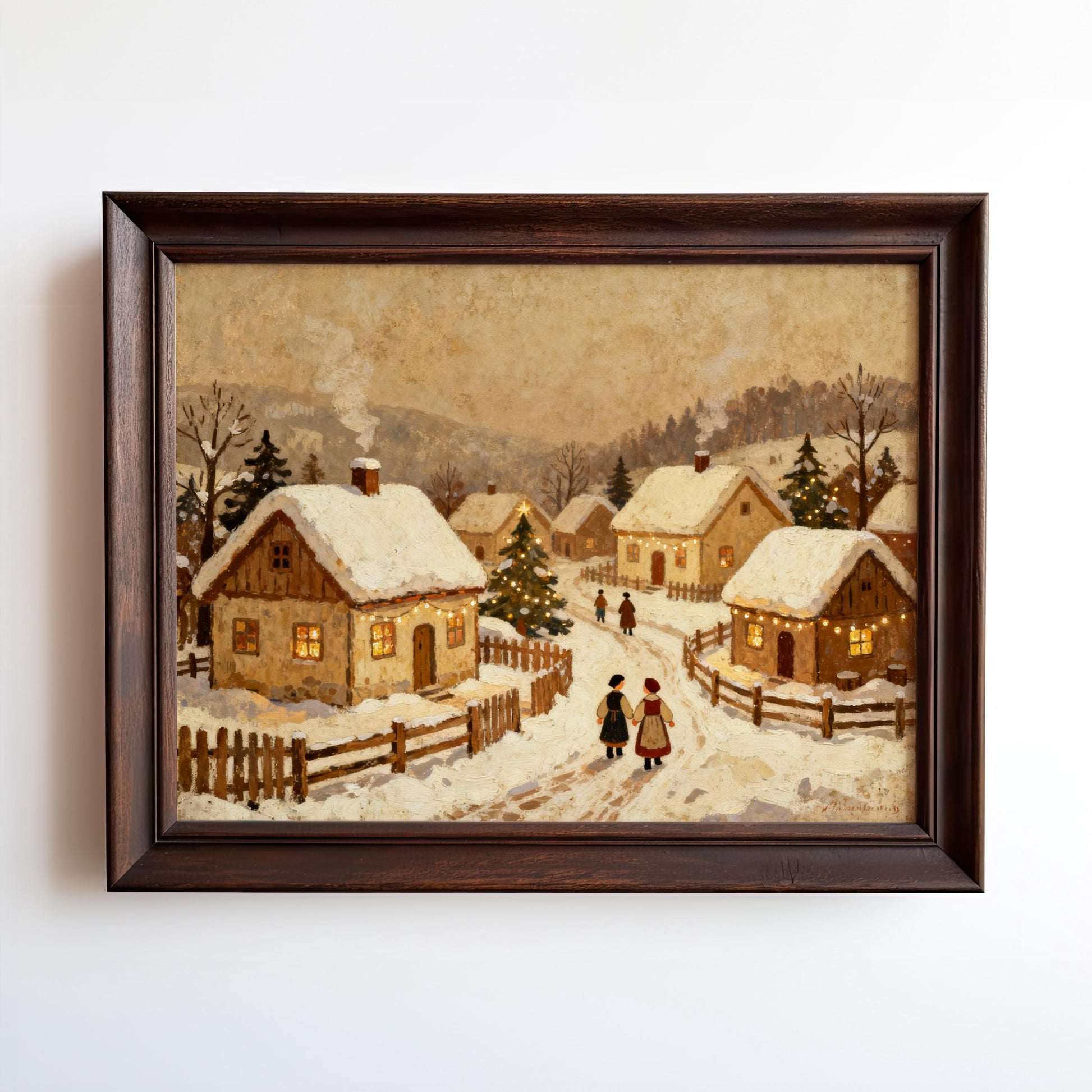 Bring a cozy winter vibe to your space with the Vintage Holiday Wall Art – Snowy Village Christmas Print on matte paper, available framed. Features warmly lit cottages and snowy pine trees from West & Wild Art Archive.