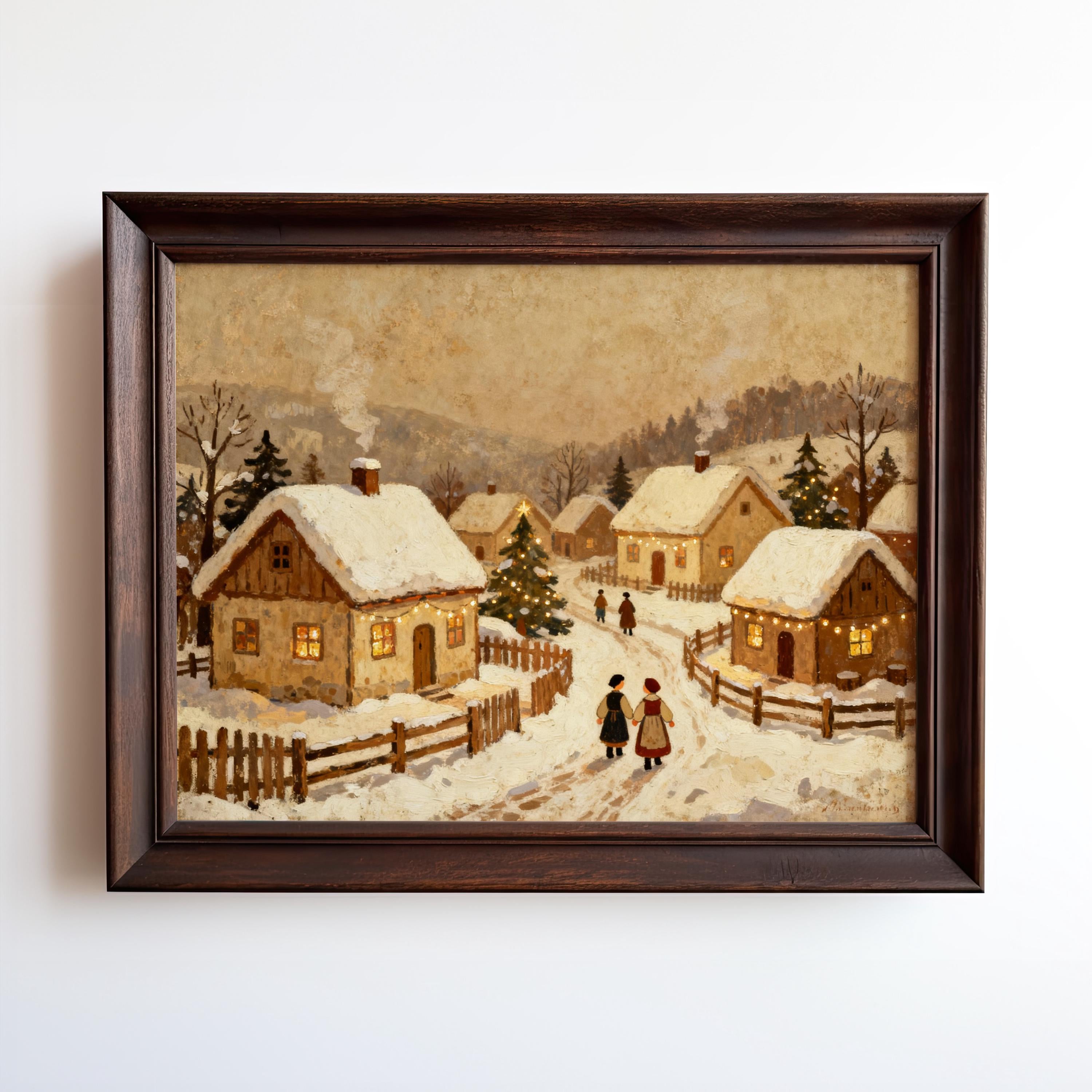 Bring a cozy winter vibe to your space with the Vintage Holiday Wall Art – Snowy Village Christmas Print on matte paper, available framed. Features warmly lit cottages and snowy pine trees from West & Wild Art Archive.