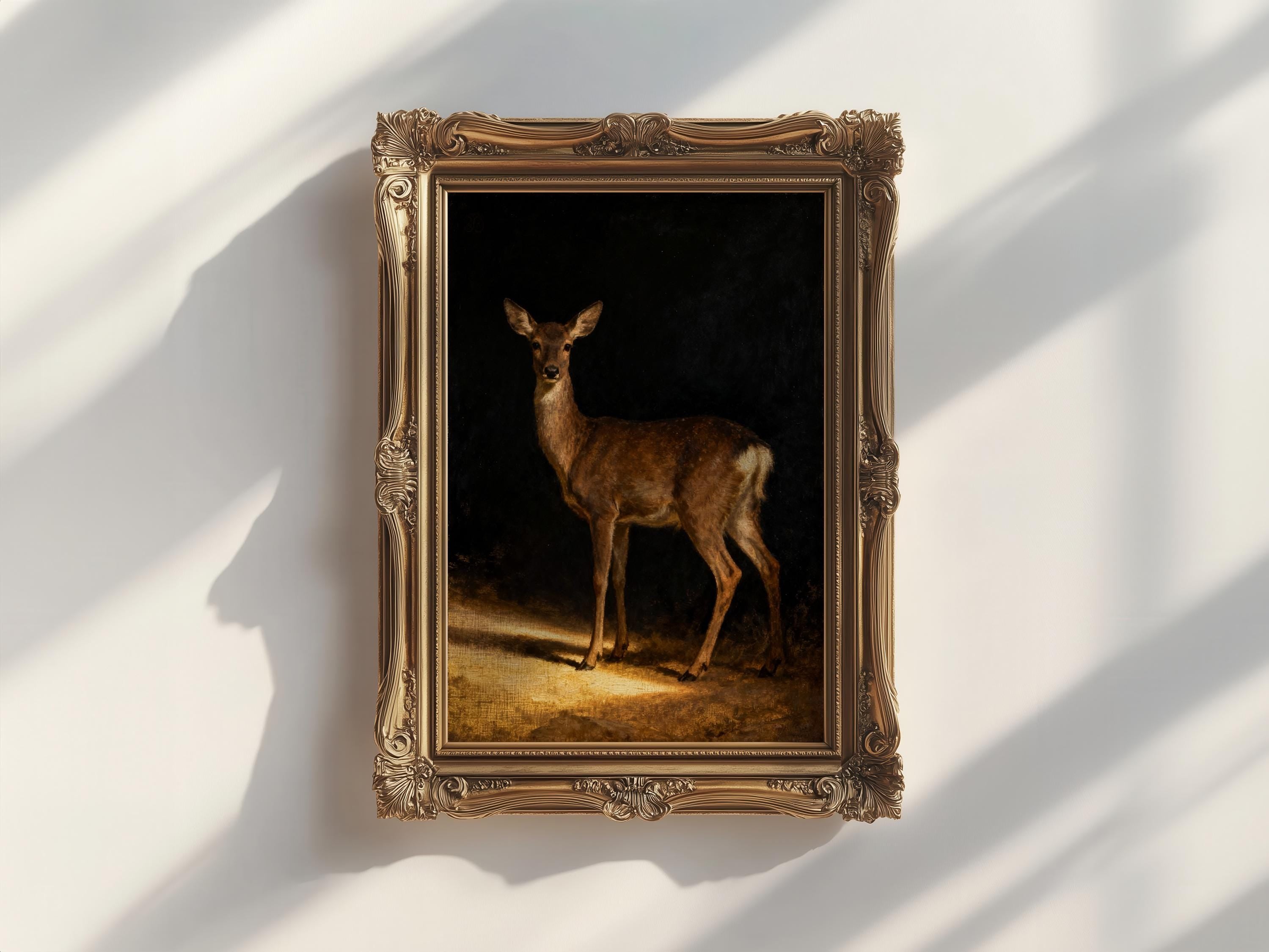 a painting of a deer standing in a dark background, framed in an ornate gold frame.