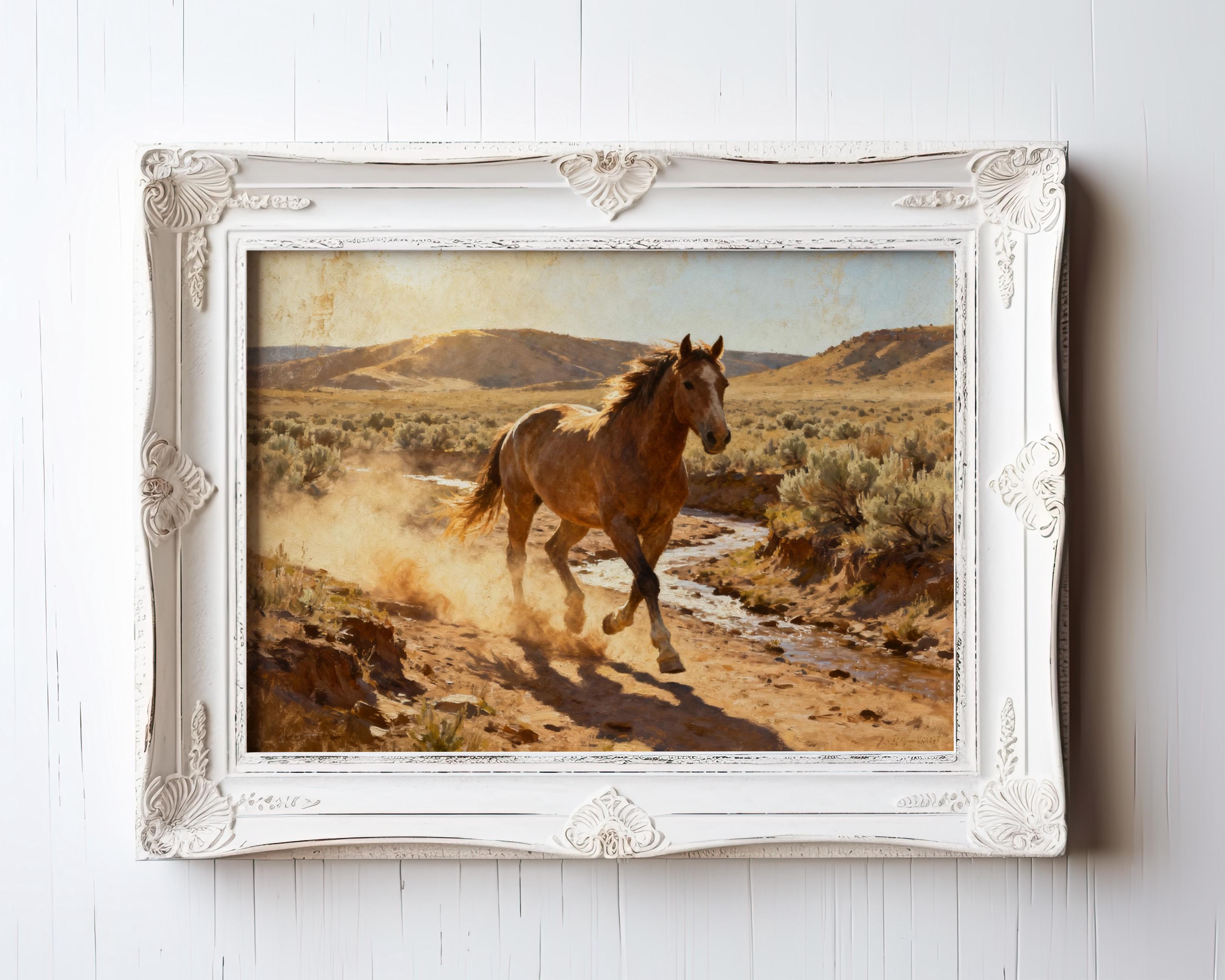 A painting of a brown horse running through a desert landscape, with a stream running through the scene.