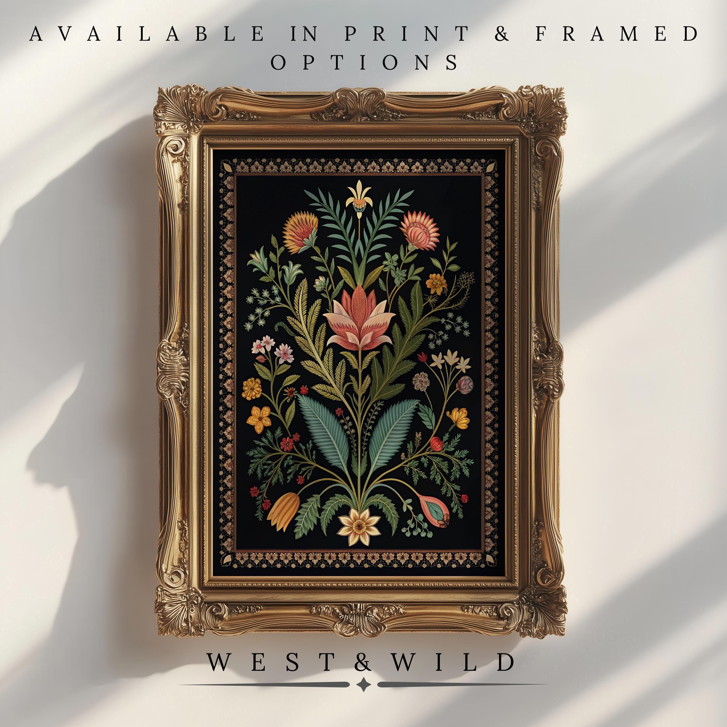 Floral Botanical Print – Colorful Flower Illustration on a dark background, displayed framed on a white wall. Available in archival quality print and framed options. From West & Wild Art Archive.