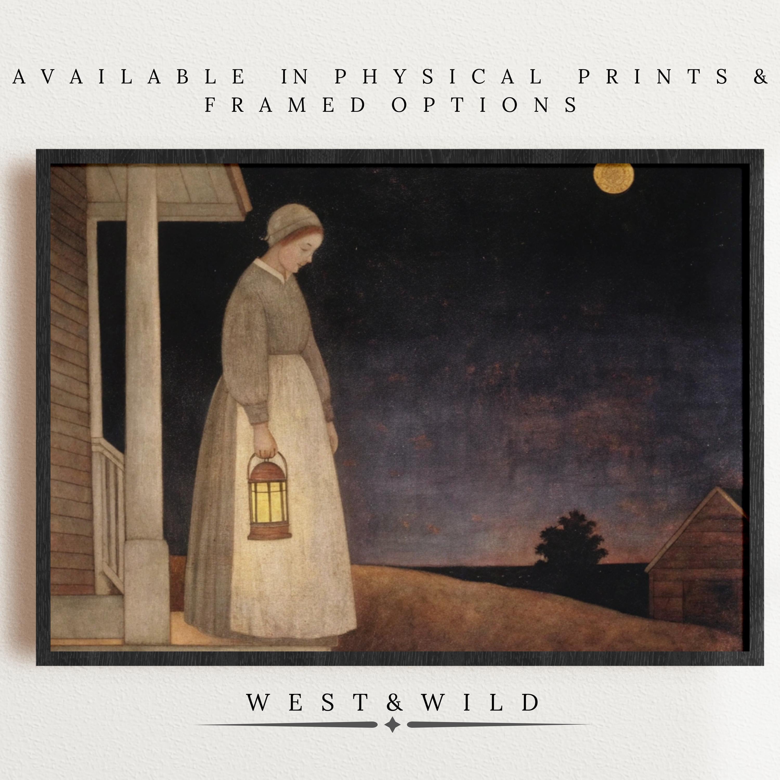 The "Folk Art Print | Heartwarming Rustic Home Decor | Farmhouse Paintings & Nostalgic Art - Vintage Art Prints & Framed Art" features a woman in vintage attire with a lantern on a moonlit porch, house and night sky behind. West & Wild prints text included.