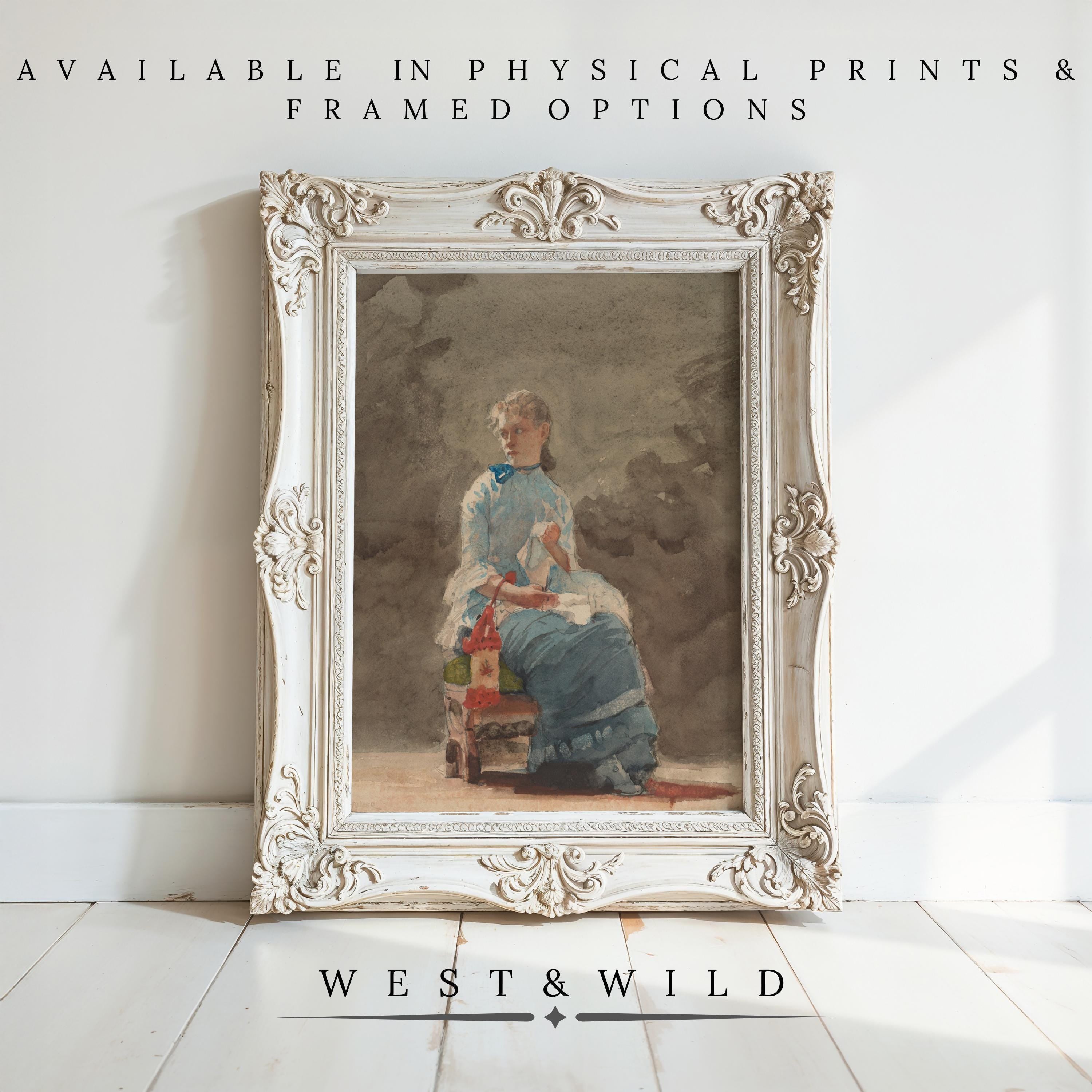 A Vintage Victorian Watercolor Painting—Woman Portrait Artwork with Elegant Frame—rests against a white wall on a wooden floor. Above: Available in vintage art prints & framed options; below: West & Wild Art Archive.