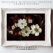 White Floral Art Print – Vintage Flower Painting With Ornate Wooden Frame - Vintage Art Prints & Framed Art
