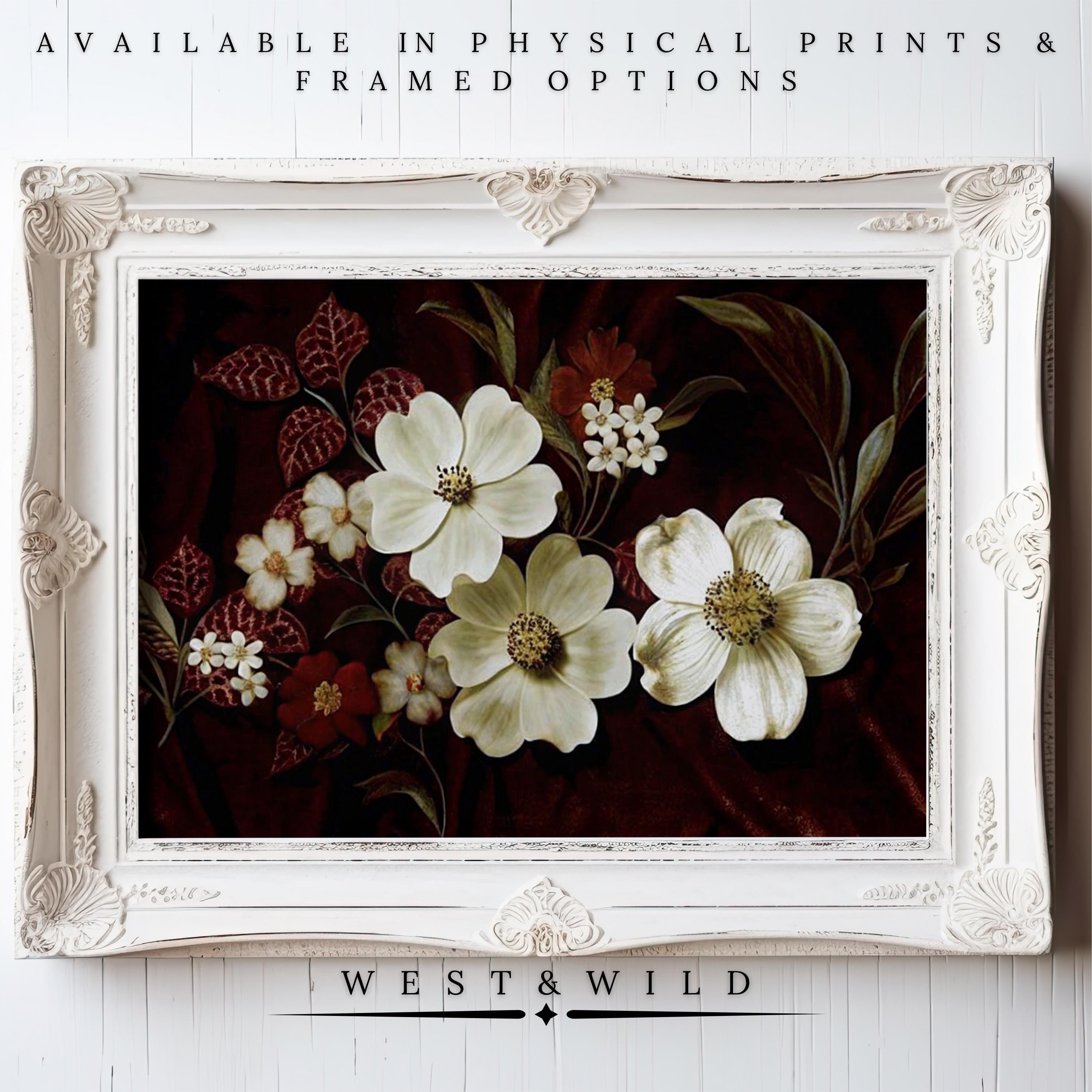 White Floral Art Print – Vintage Flower Painting With Ornate Wooden Frame - Vintage Art Prints & Framed Art