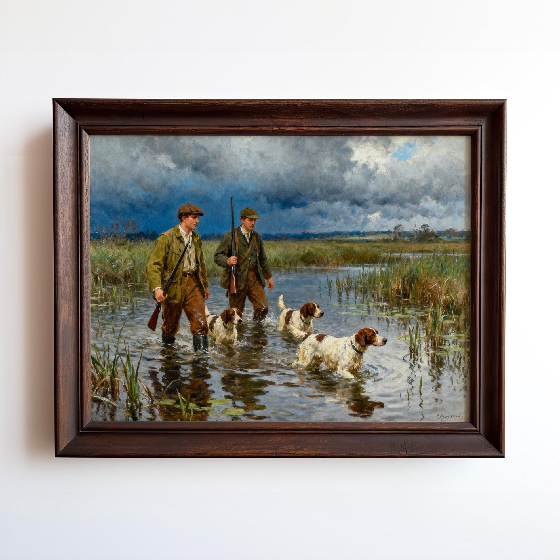 Two men in hunting gear are walking through a shallow body of water with their hunting dogs, set against a backdrop of a cloudy sky.