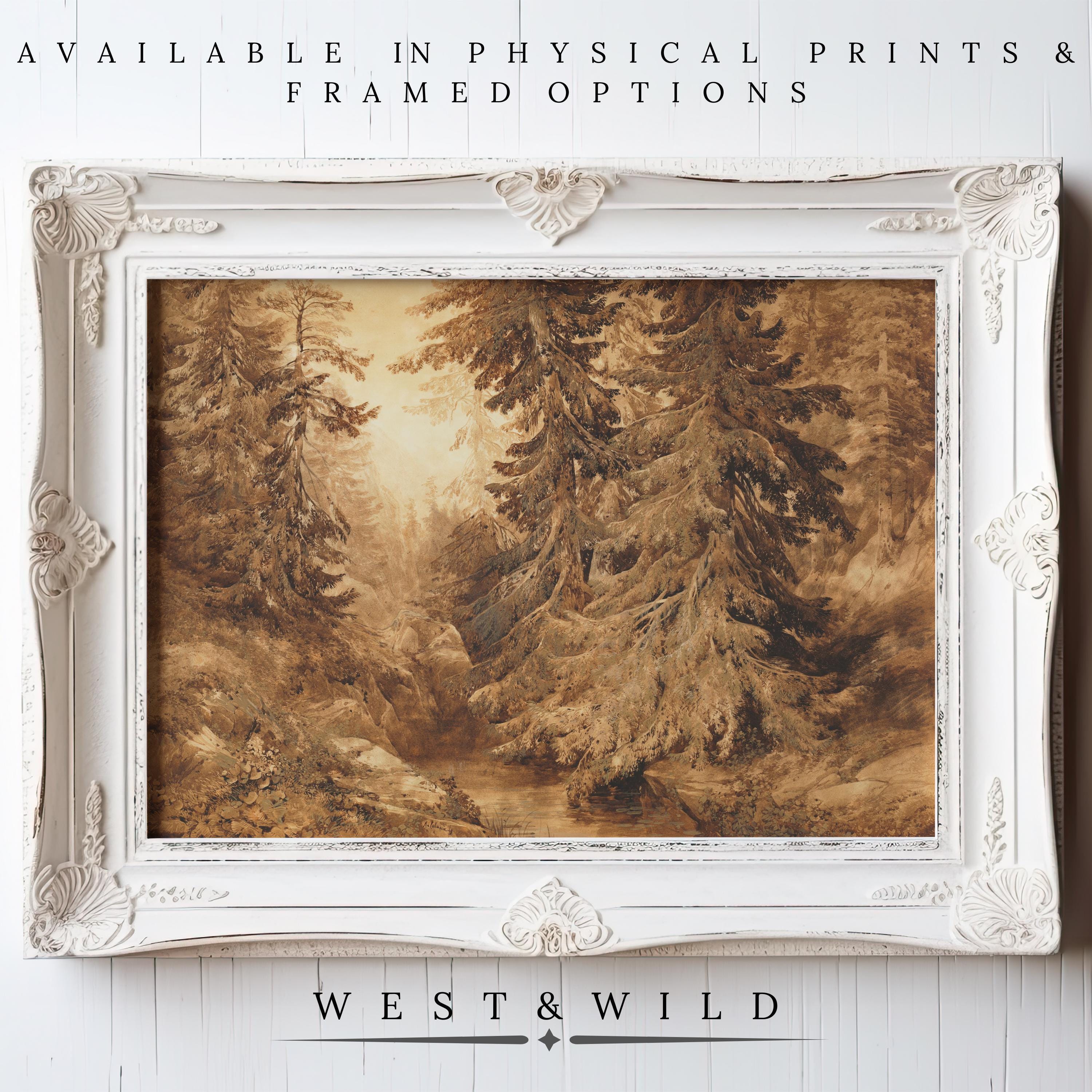 Rust-colored, sepia-toned landscape of pine trees by a stream. Earth Tone Wall Art – Vintage Forest Print available as vintage art prints & framed art from the West & Wild Art Archive.