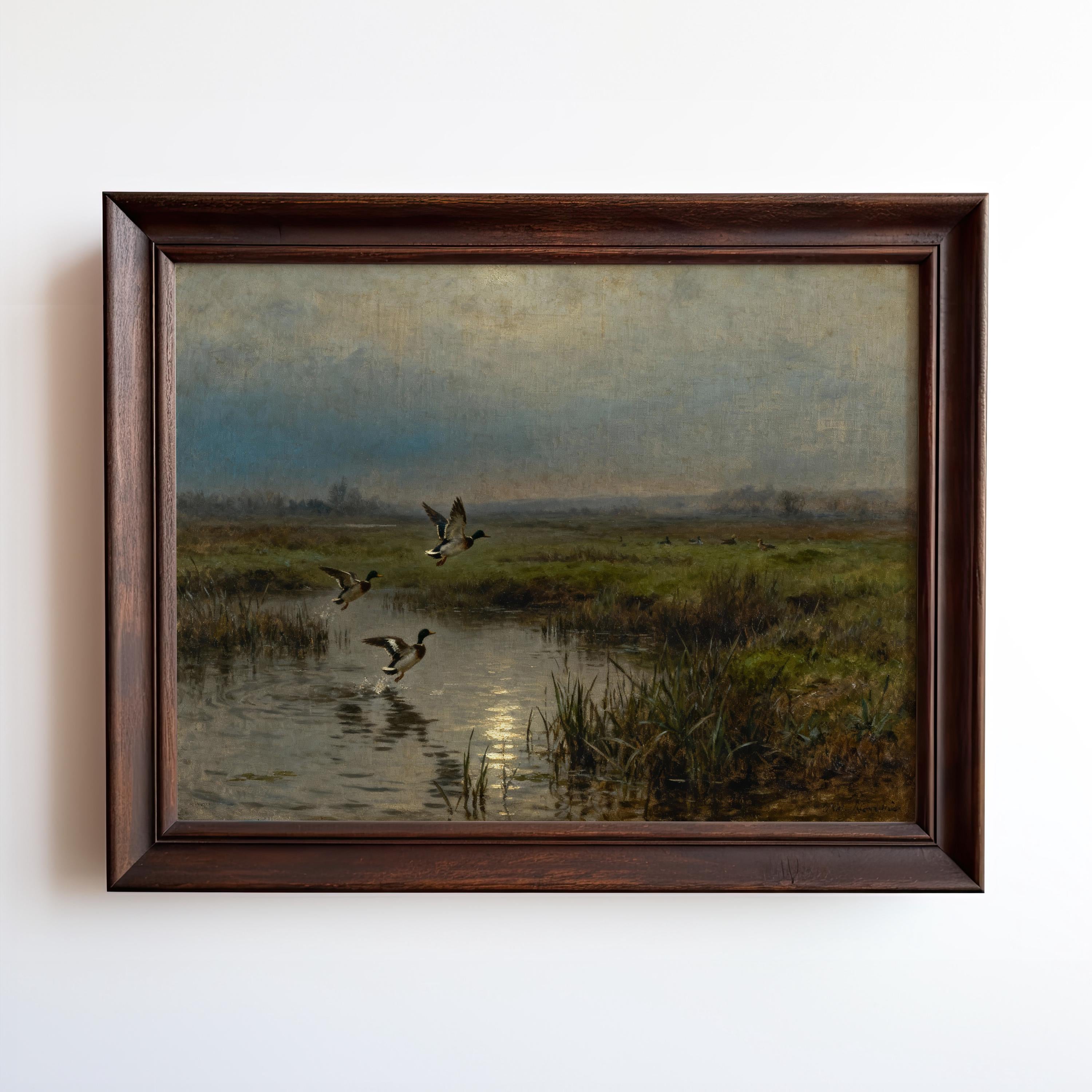 The image is a painting depicting a serene landscape with ducks swimming in a pond, surrounded by lush greenery and a cloudy sky.