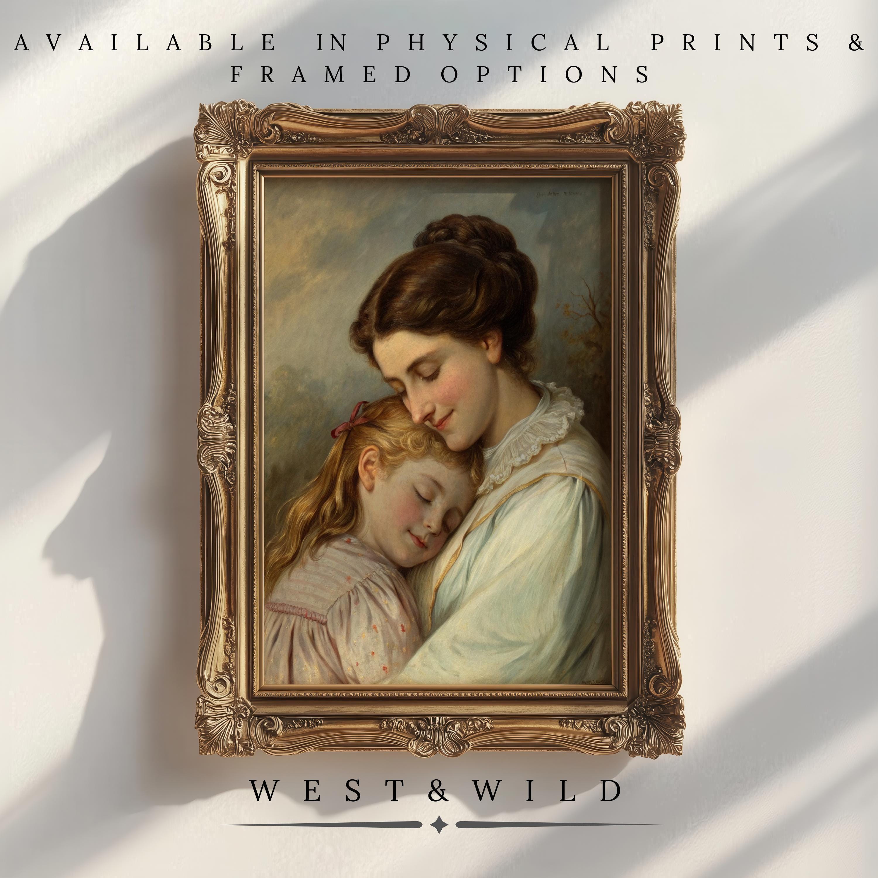 A framed vintage art print titled "Mother Daughter Oil Painting" shows a woman gently embracing a sleeping girl. Available as prints or framed art from West & Wild Art Archive, with classic mother-daughter designs and framing options.