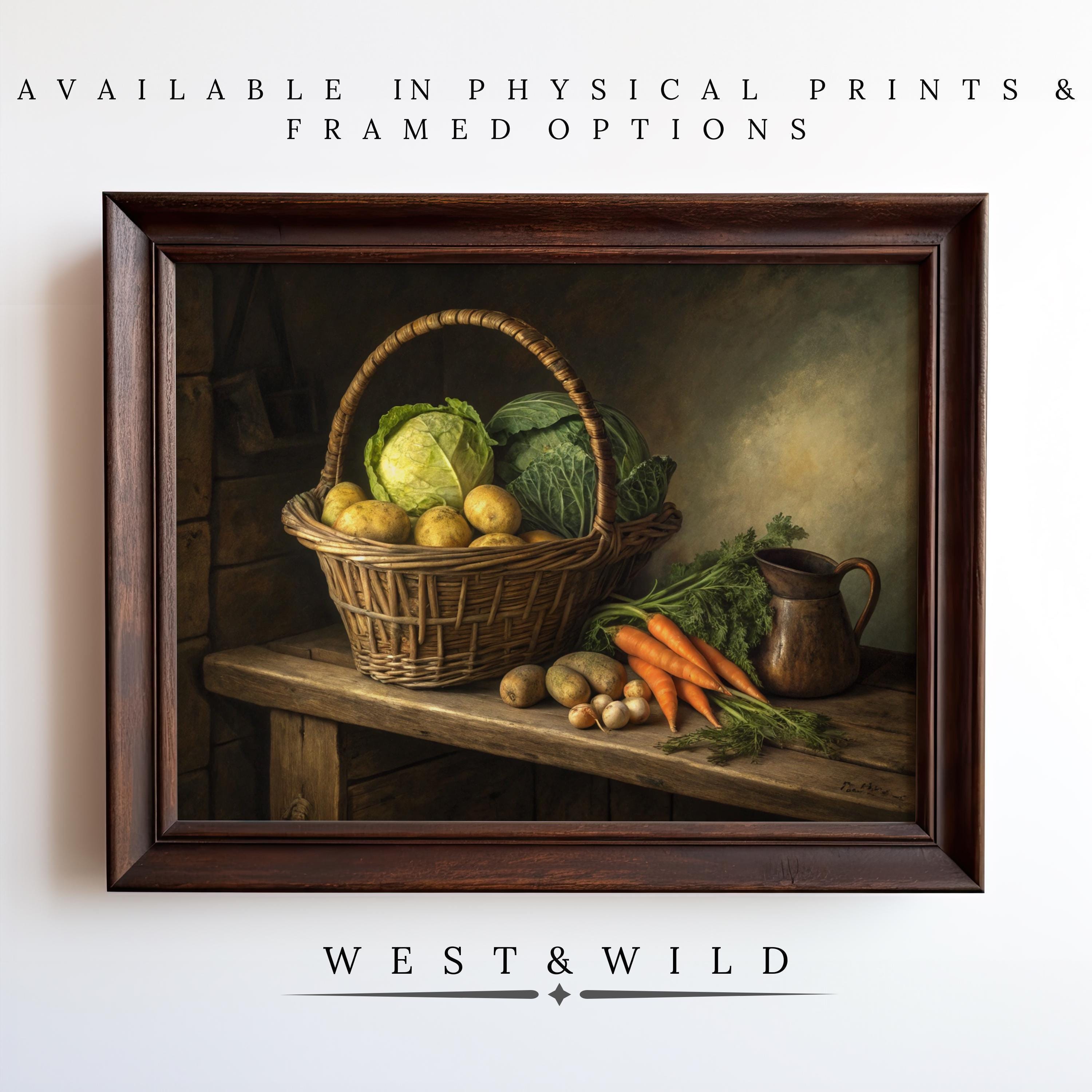 A framed Vegetable Still Life Painting features cabbage, potatoes, and carrots on a rustic table with a brown jug. Available as Vintage Art Prints & Framed Art – perfect farmhouse wall decor from West & Wild Art Archive. Archival quality.