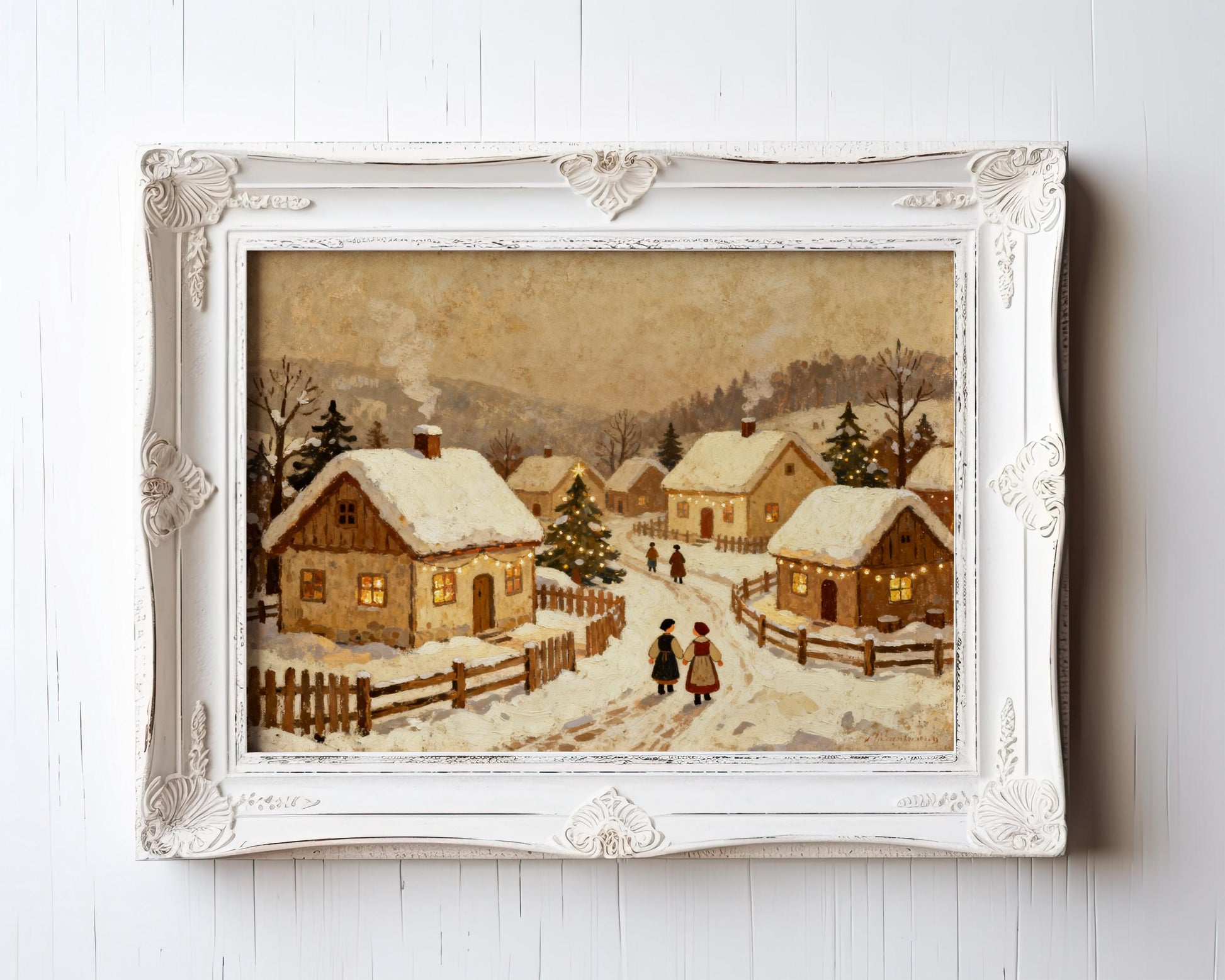 The Vintage Holiday Wall Art – Snowy Village Christmas Print on matte paper features a cozy snowy village scene with cottages, glowing windows, and pine trees. Available with ornate white framing for a charming holiday touch.