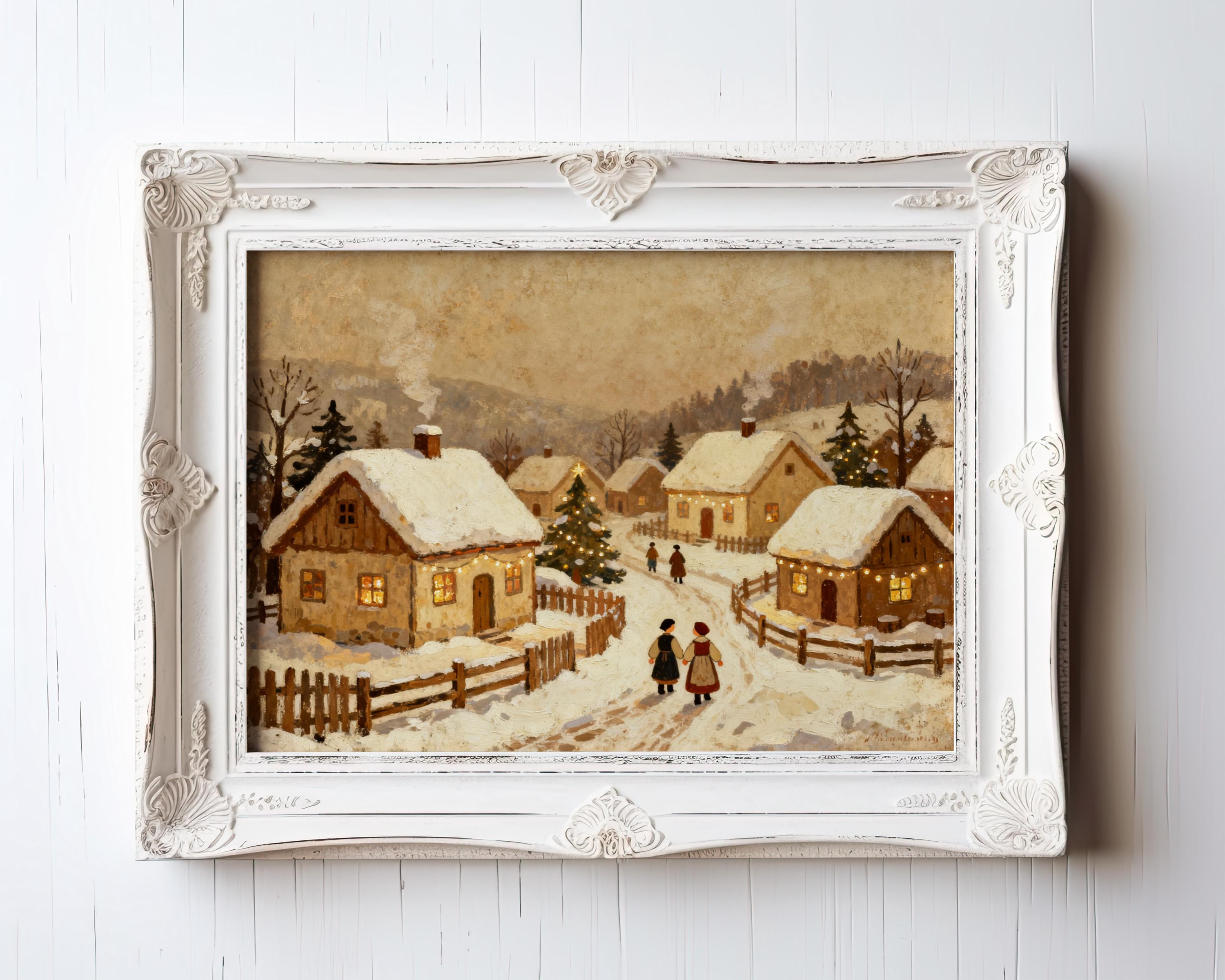 The Vintage Holiday Wall Art – Snowy Village Christmas Print on matte paper features a cozy snowy village scene with cottages, glowing windows, and pine trees. Available with ornate white framing for a charming holiday touch.