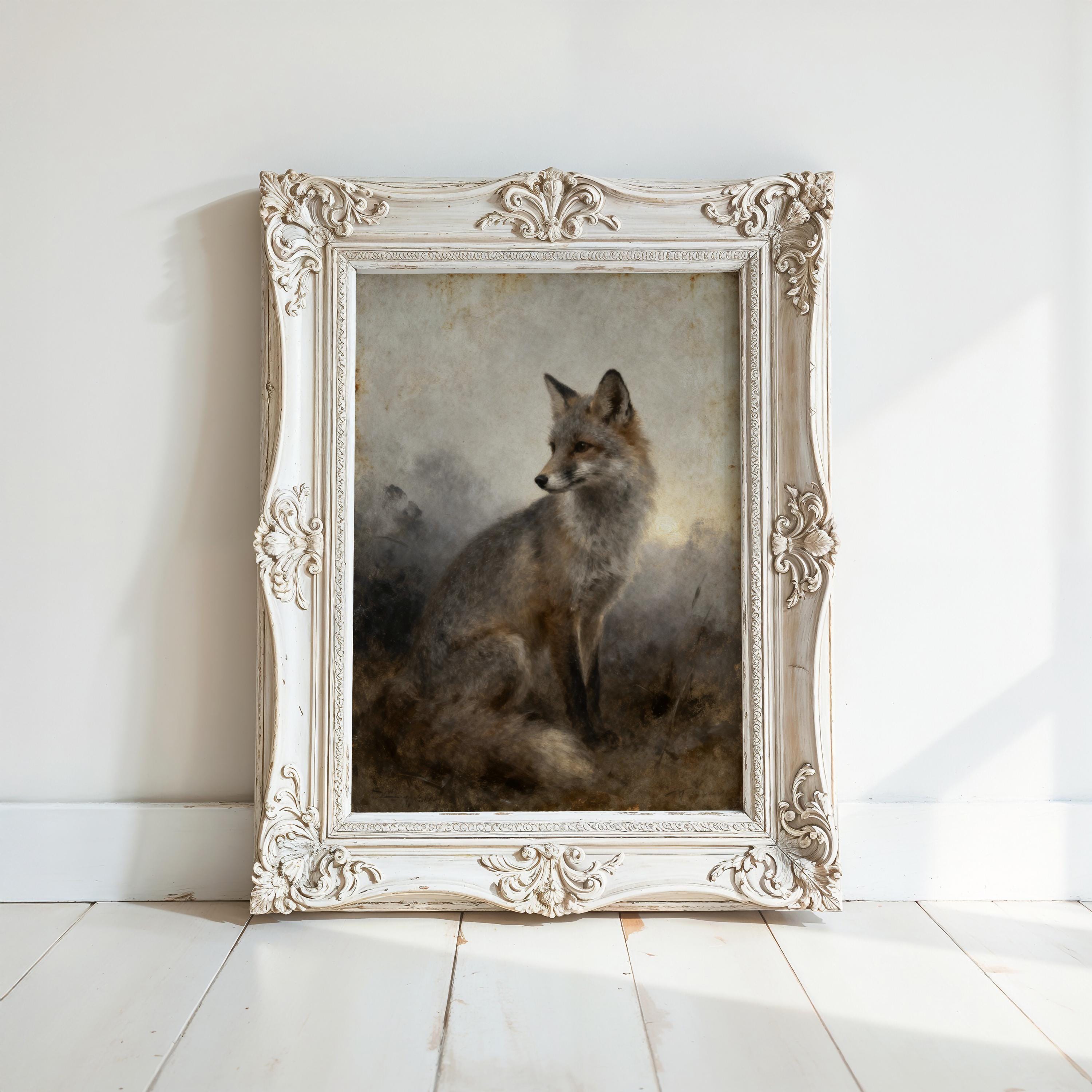 a painting of a fox sitting in a field, displayed in an ornate white frame on a white wall.