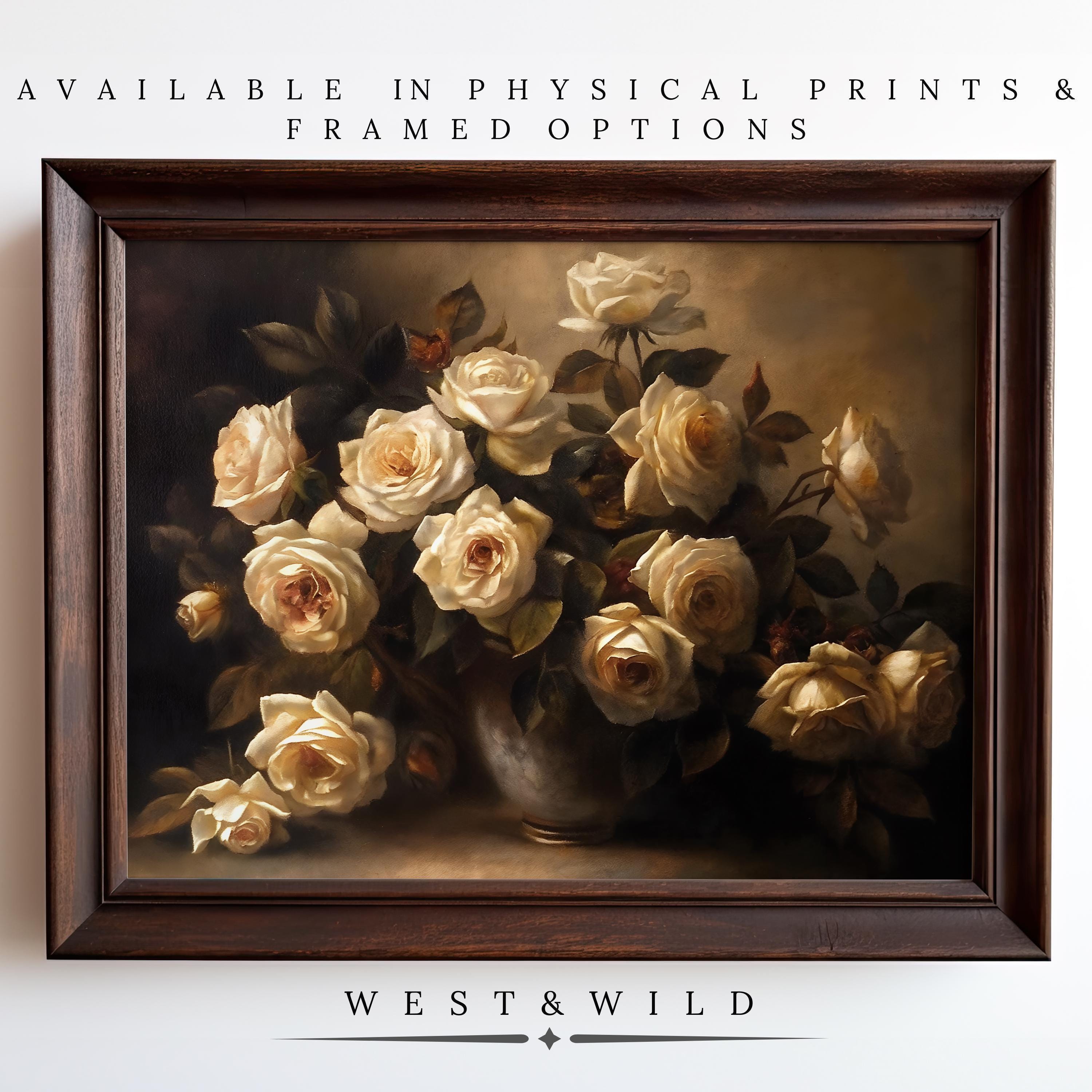 The Vintage Rose Bouquet Floral Wall Decor features a framed bouquet of roses in a vase on a dark background. Available as physical prints and framed options from West & Wild—perfect for fans of timeless floral art.