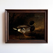The image is a painting of a duck standing in a natural setting, possibly a forest or pond.