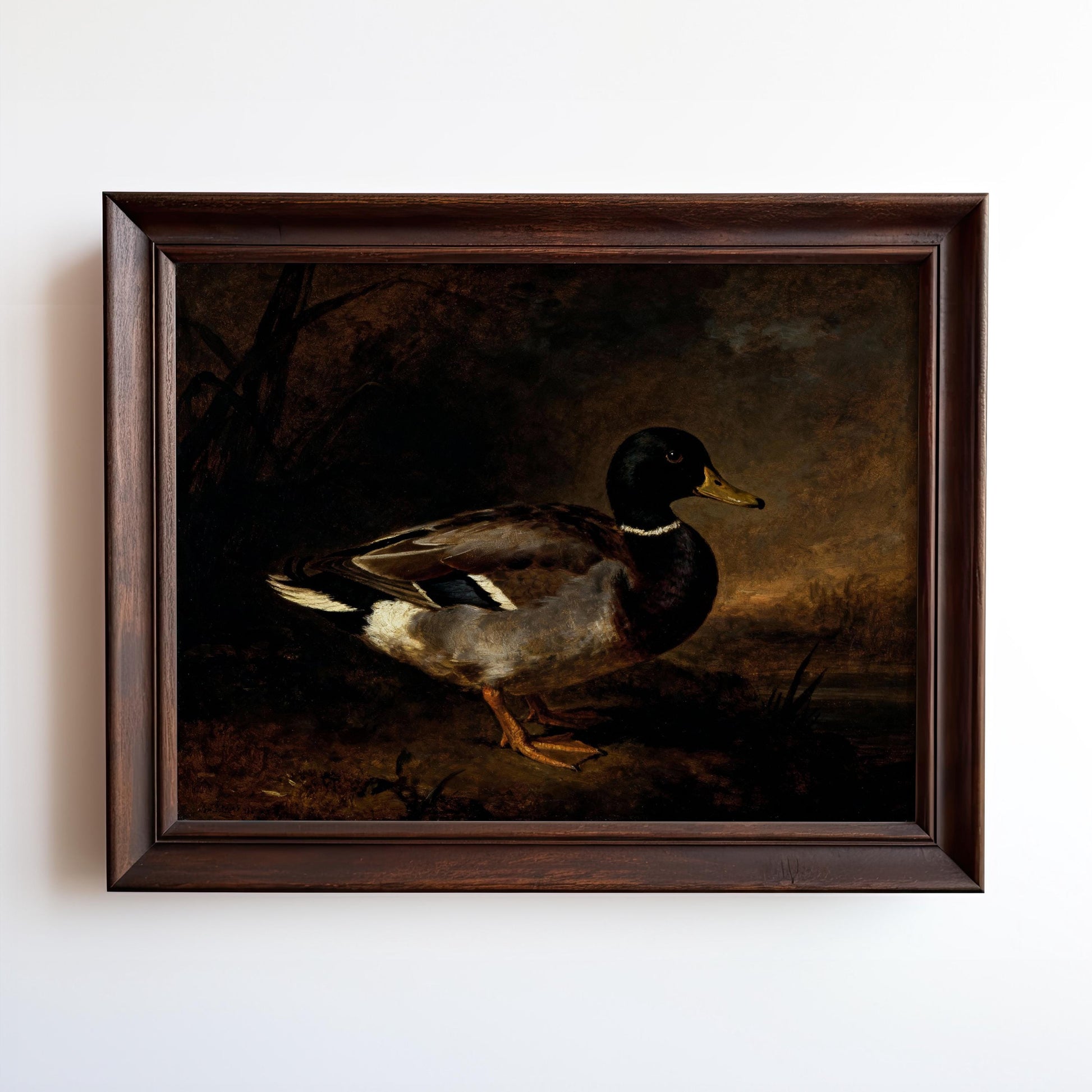 The image is a painting of a duck standing in a natural setting, possibly a forest or pond.