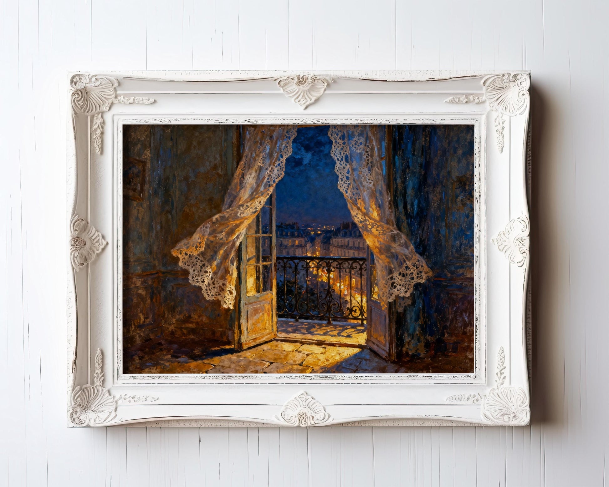 The image is a painting of an open window with lace curtains, revealing a view of a cityscape outside.
