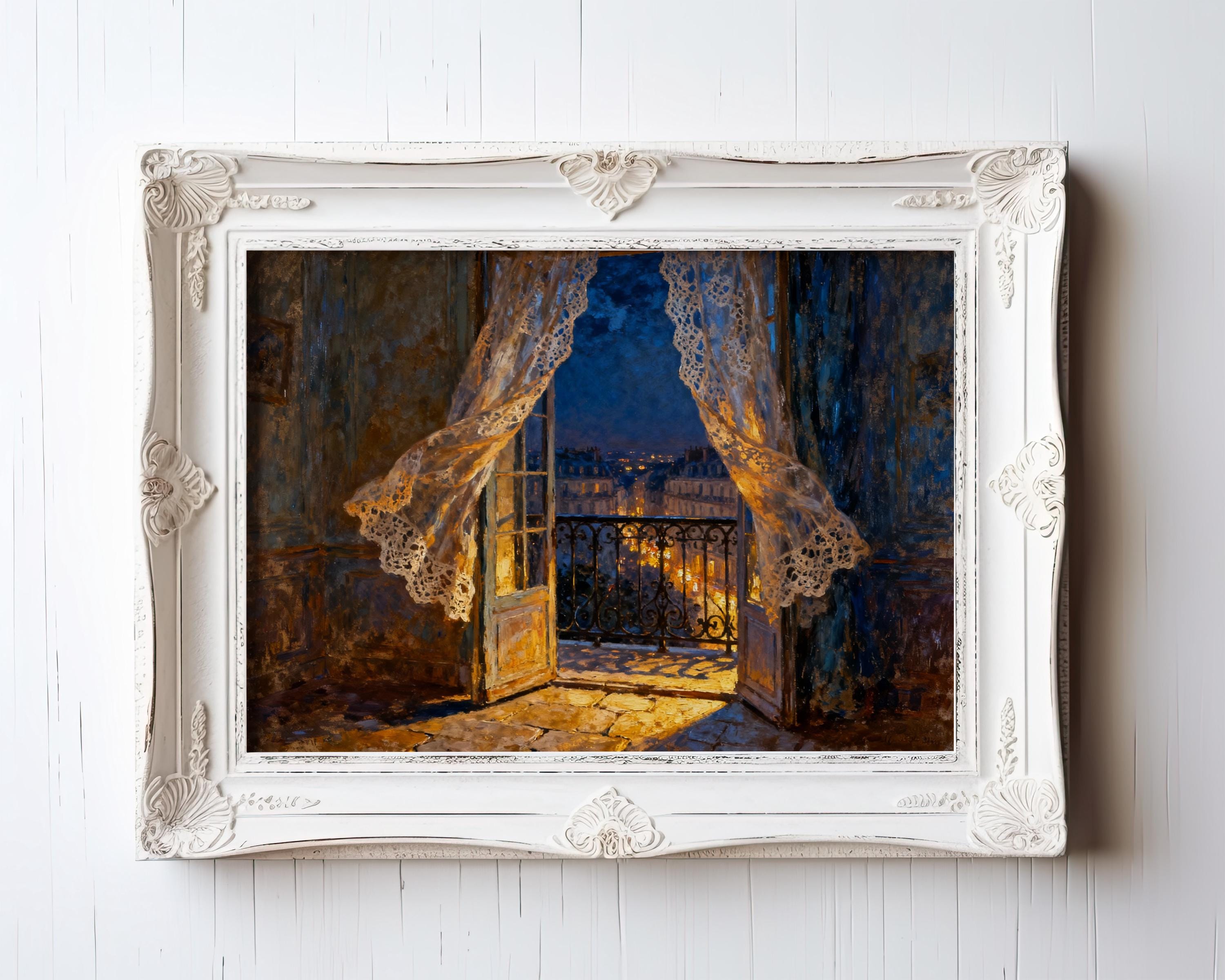 The image is a painting of an open window with lace curtains, revealing a view of a cityscape outside.