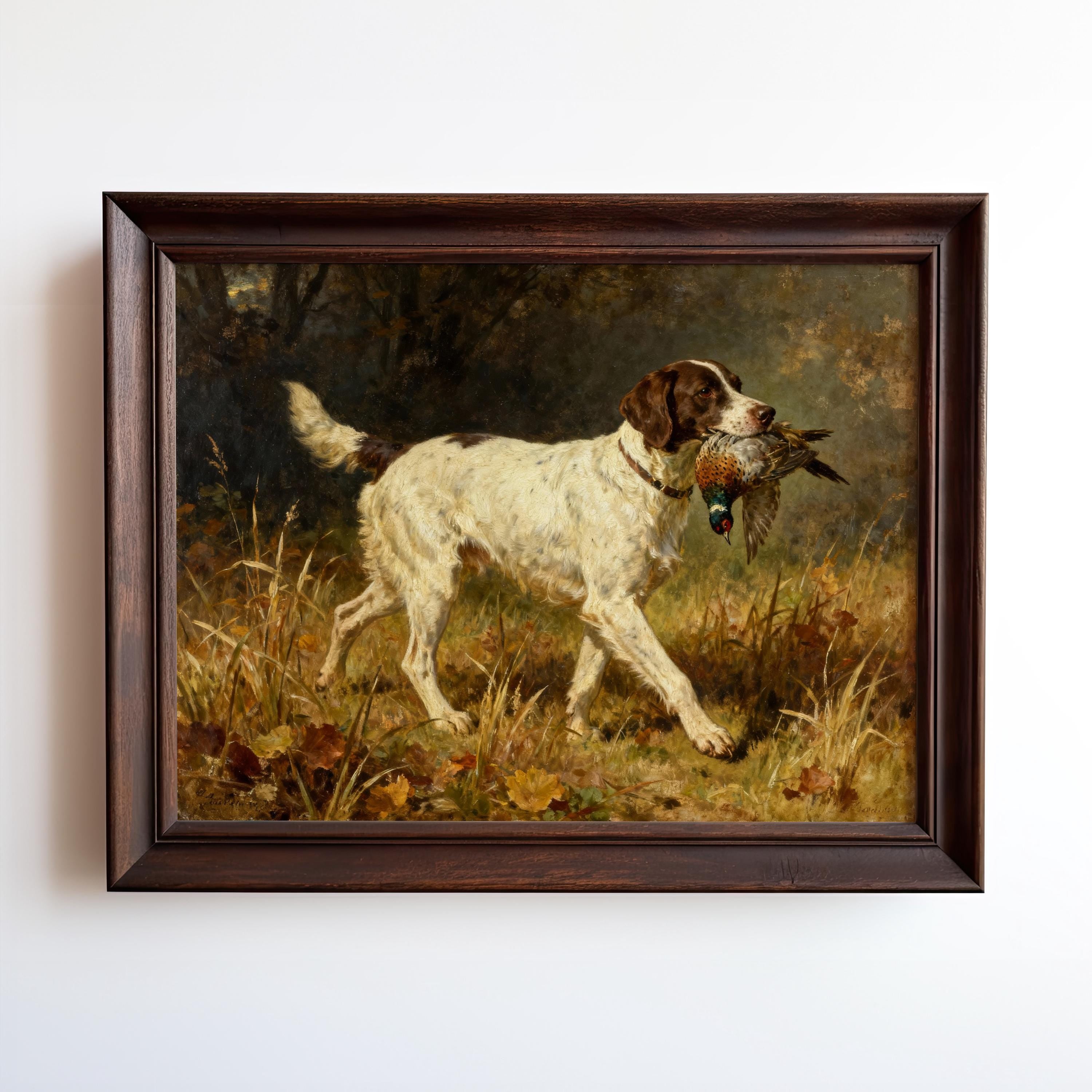 The "Hunting Dog Art Print – Rustic Cabin Wall Art With Pheasant" features a white and brown dog in tall grass with a pheasant, set among trees—ideal wall art for pheasant hunting and rustic cabin décor enthusiasts.