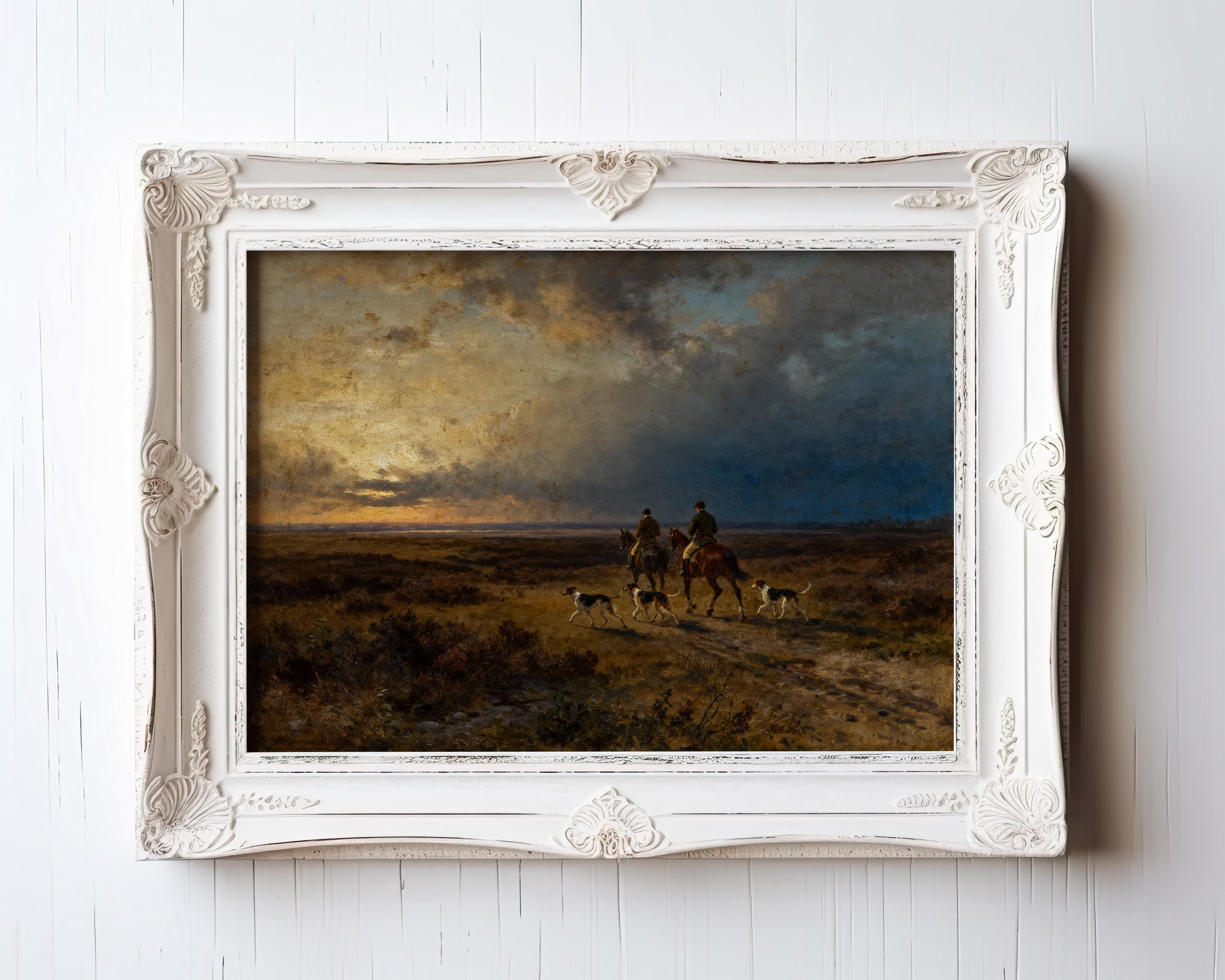 The image is a painting of a group of people on horseback in a field, with a dramatic sky in the background.