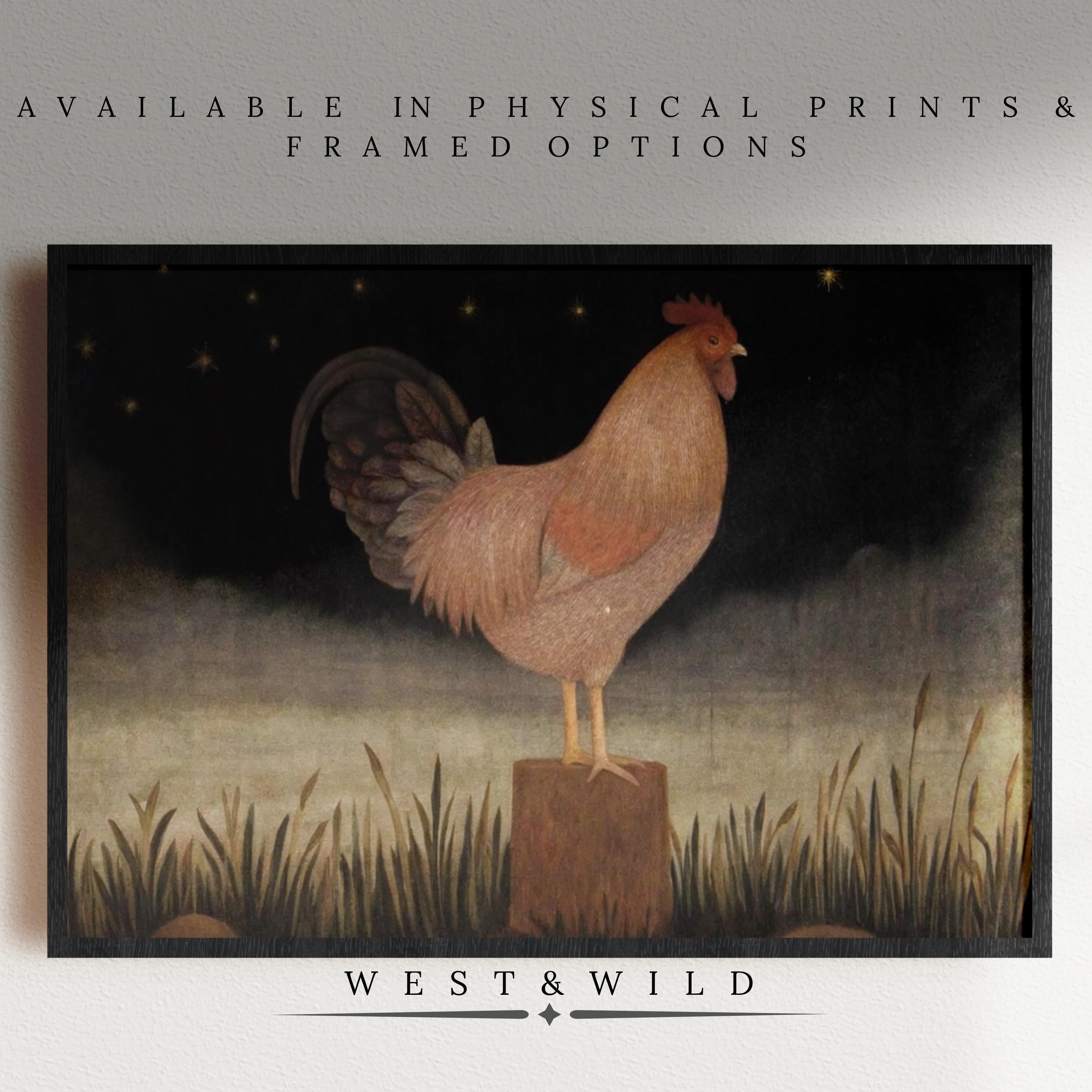 The Folk Art Rooster Print - Whimsical Nighttime Scene shows a rooster on a stump with stars above and grass below. “West & Wild” is written at the bottom. Available as a physical print or framed—perfect farmhouse kitchen art!.