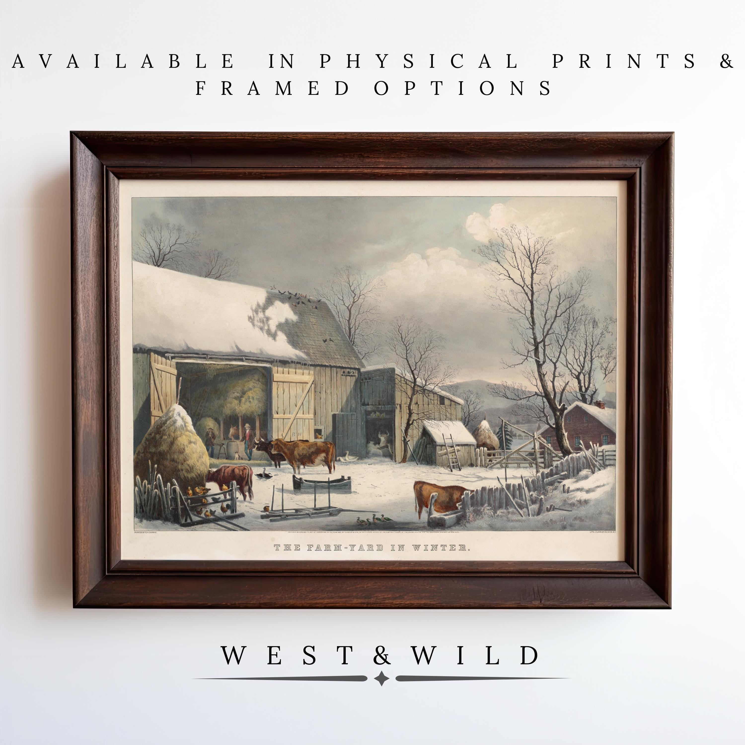 A framed, archival-quality Currier and Ives print features cows, a barn, and snowy haystacks. Above: “Available in physical prints & framed options.” Below: “Currier and Ives Print – Vintage Style Prints | Antique Lithograph Farm Decor Poster.”.