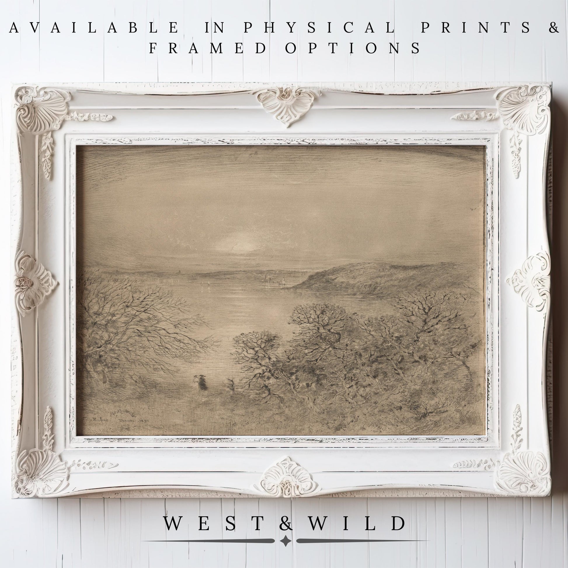A vintage ocean wall art print with creamy brown tones and classic Victorian landscape style, displayed in an ornate white frame. Available as prints or framed art from West & Wild, part of the West & Wild Art Archive.