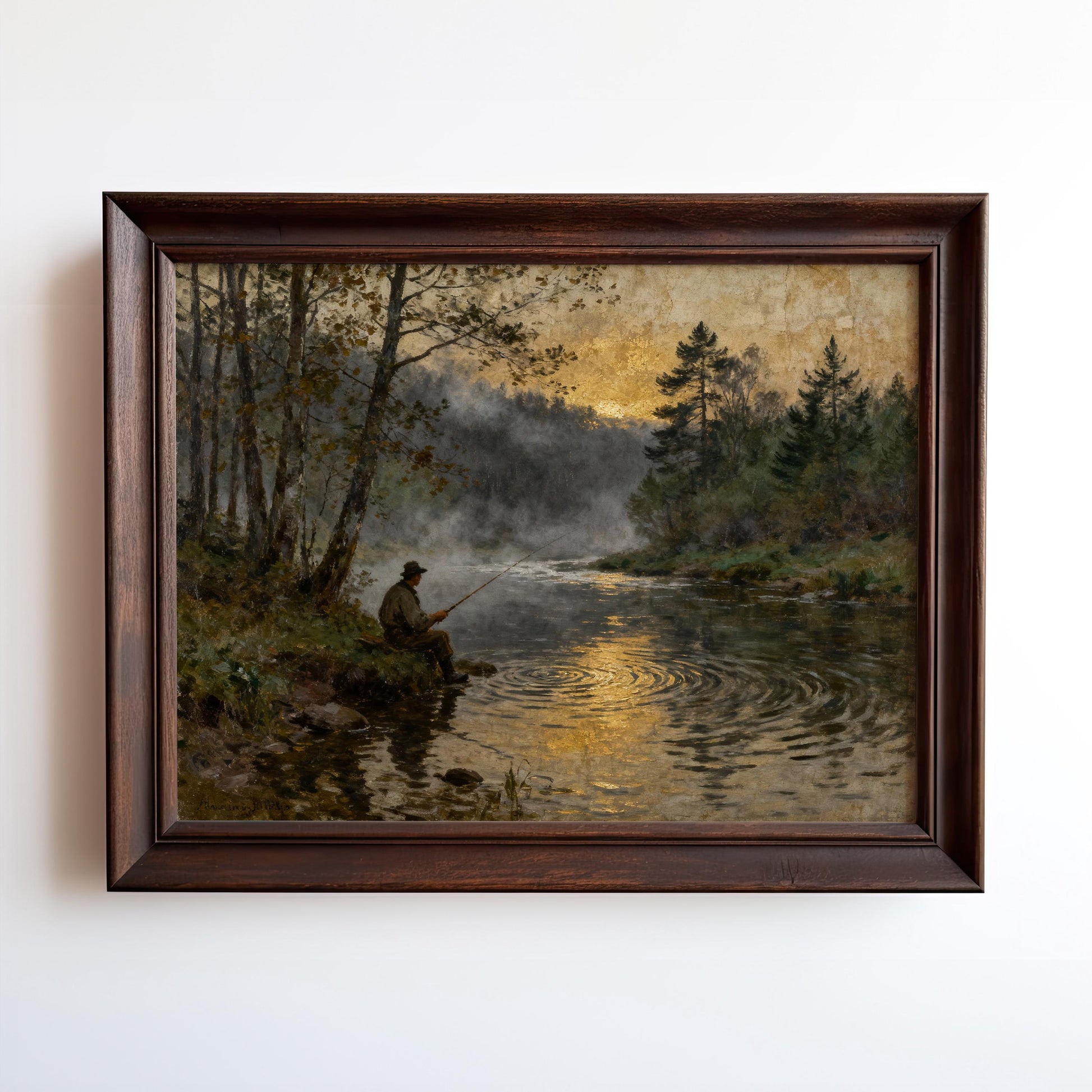 A painting of a man fishing in a river, surrounded by trees and a misty, golden-hued sky.