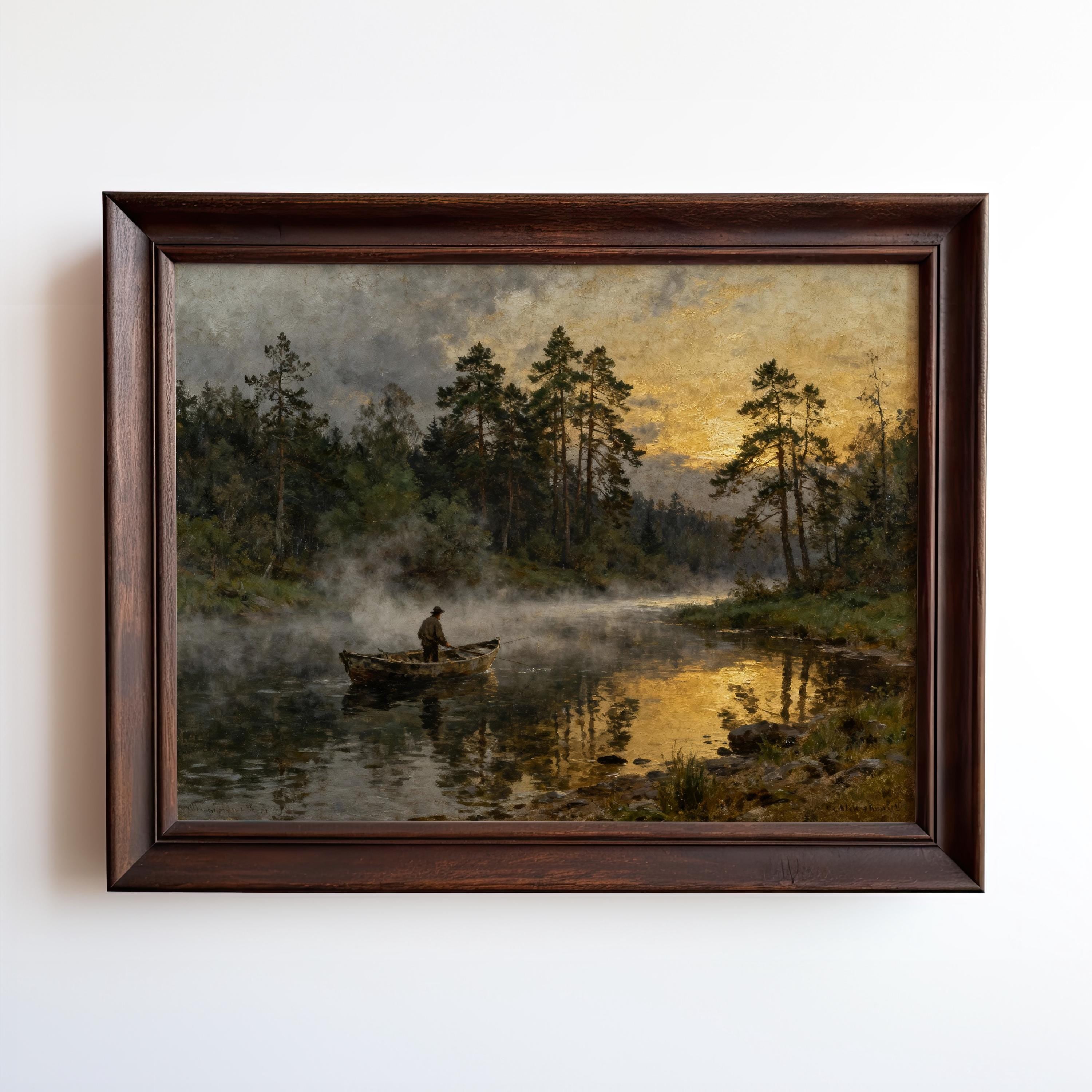 A painting of a person in a boat on a river, surrounded by trees and a misty atmosphere.